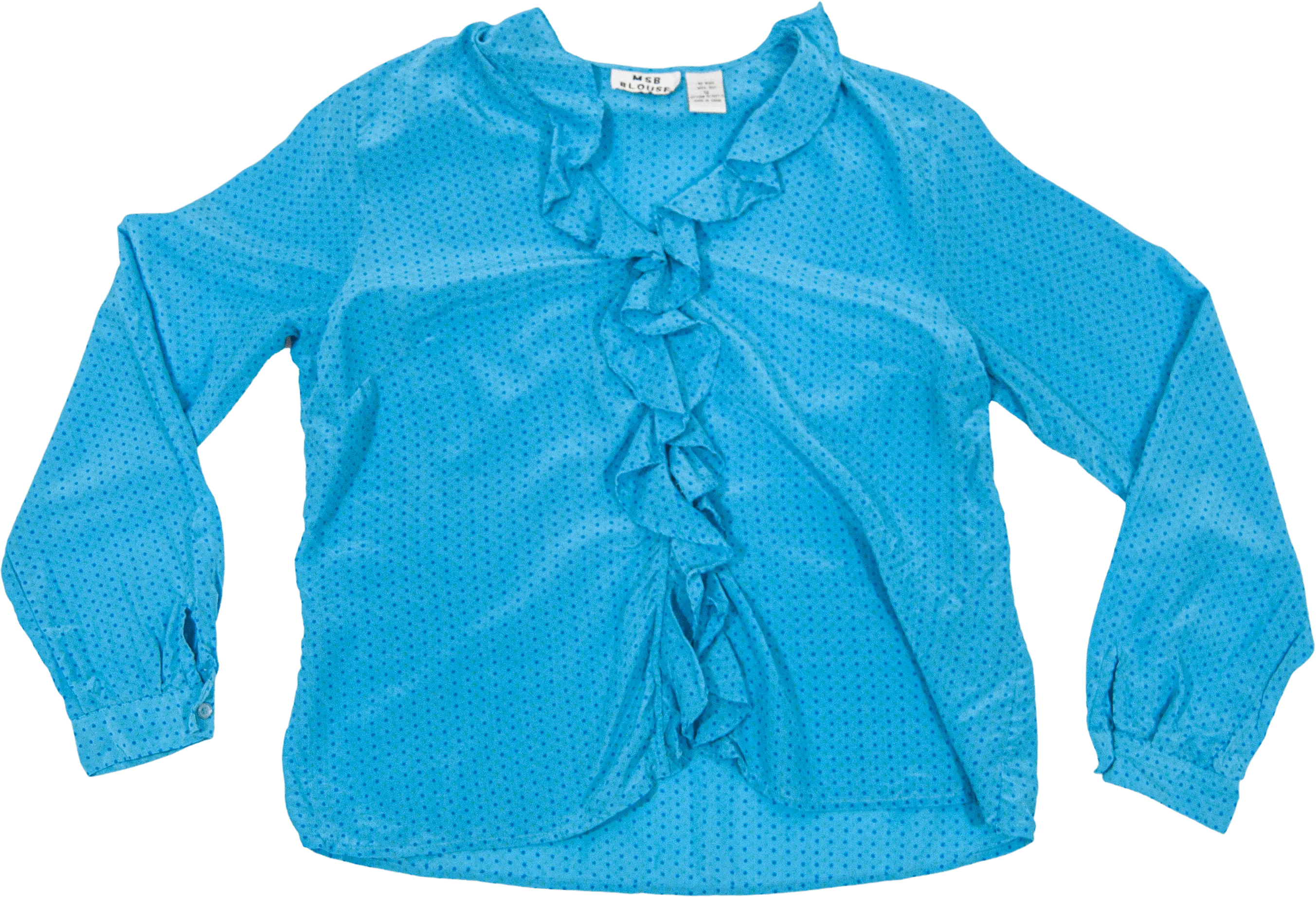 00's Cerulean Silk Polka Dot Ruffle Blouse by Msb Blouse