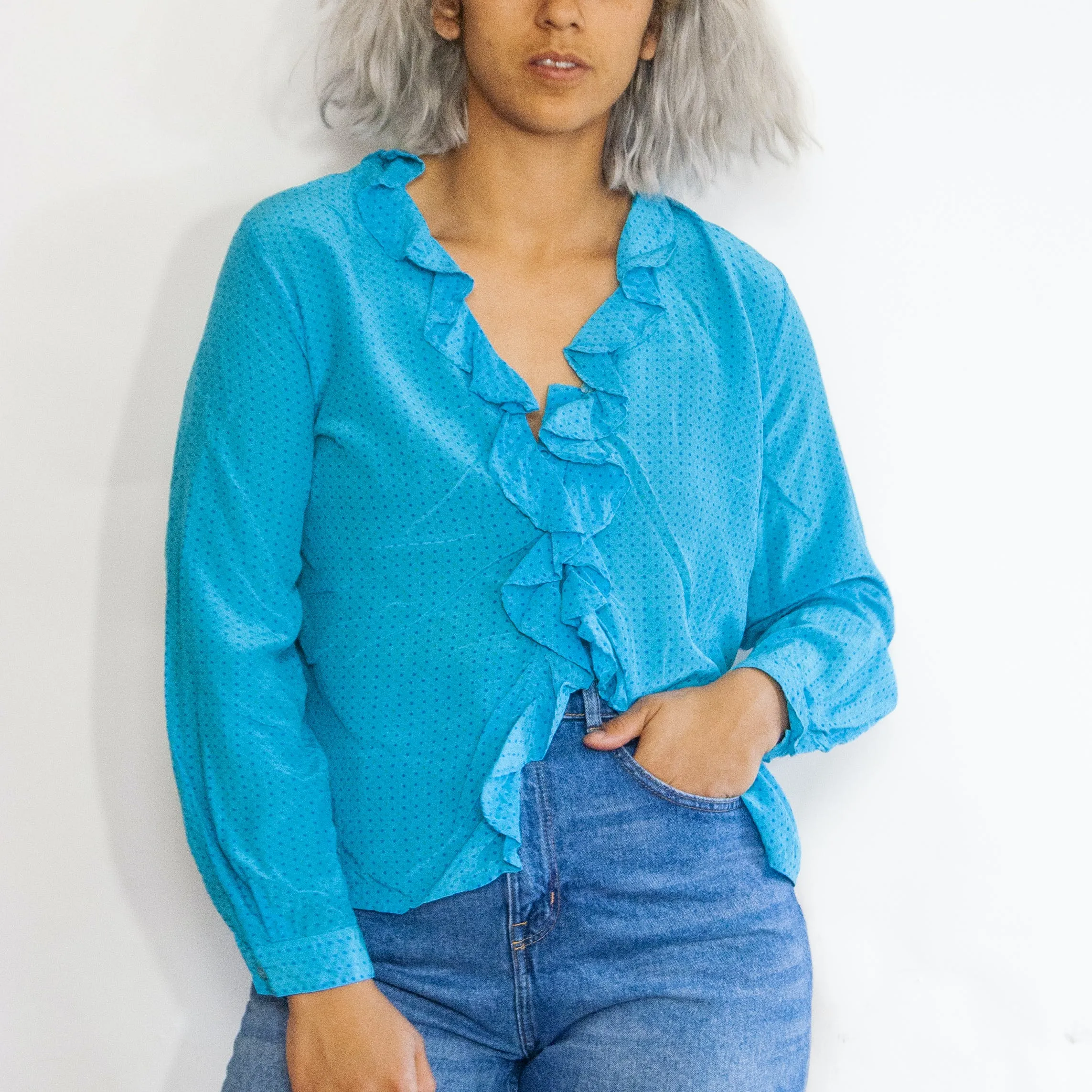 00's Cerulean Silk Polka Dot Ruffle Blouse by Msb Blouse