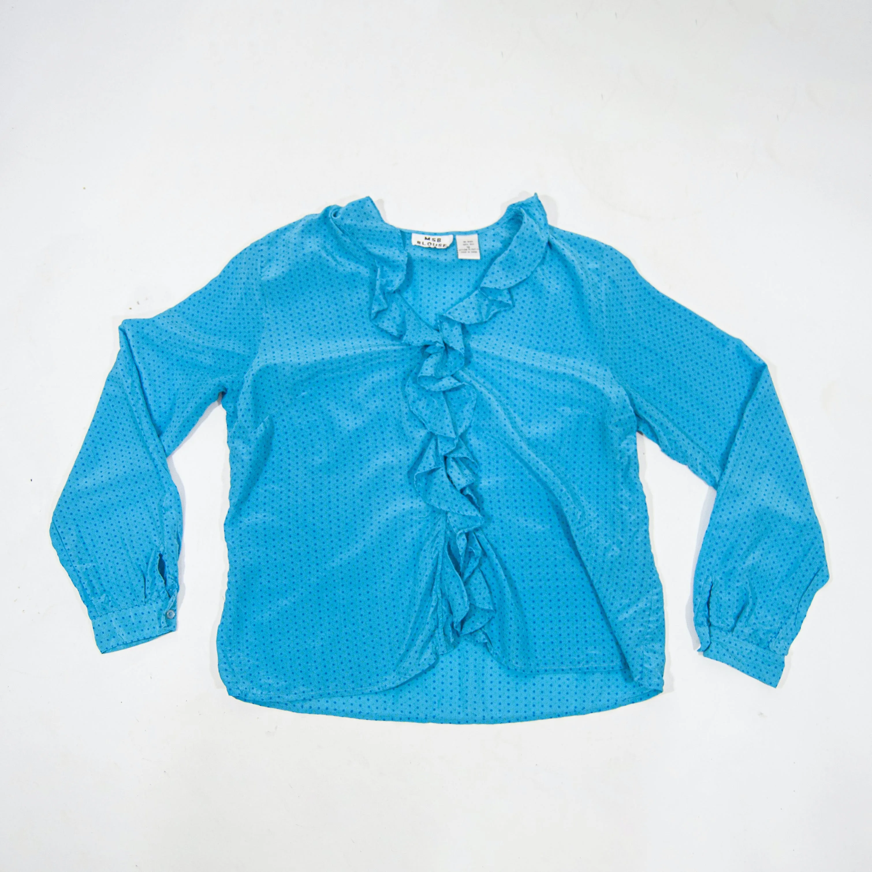 00's Cerulean Silk Polka Dot Ruffle Blouse by Msb Blouse