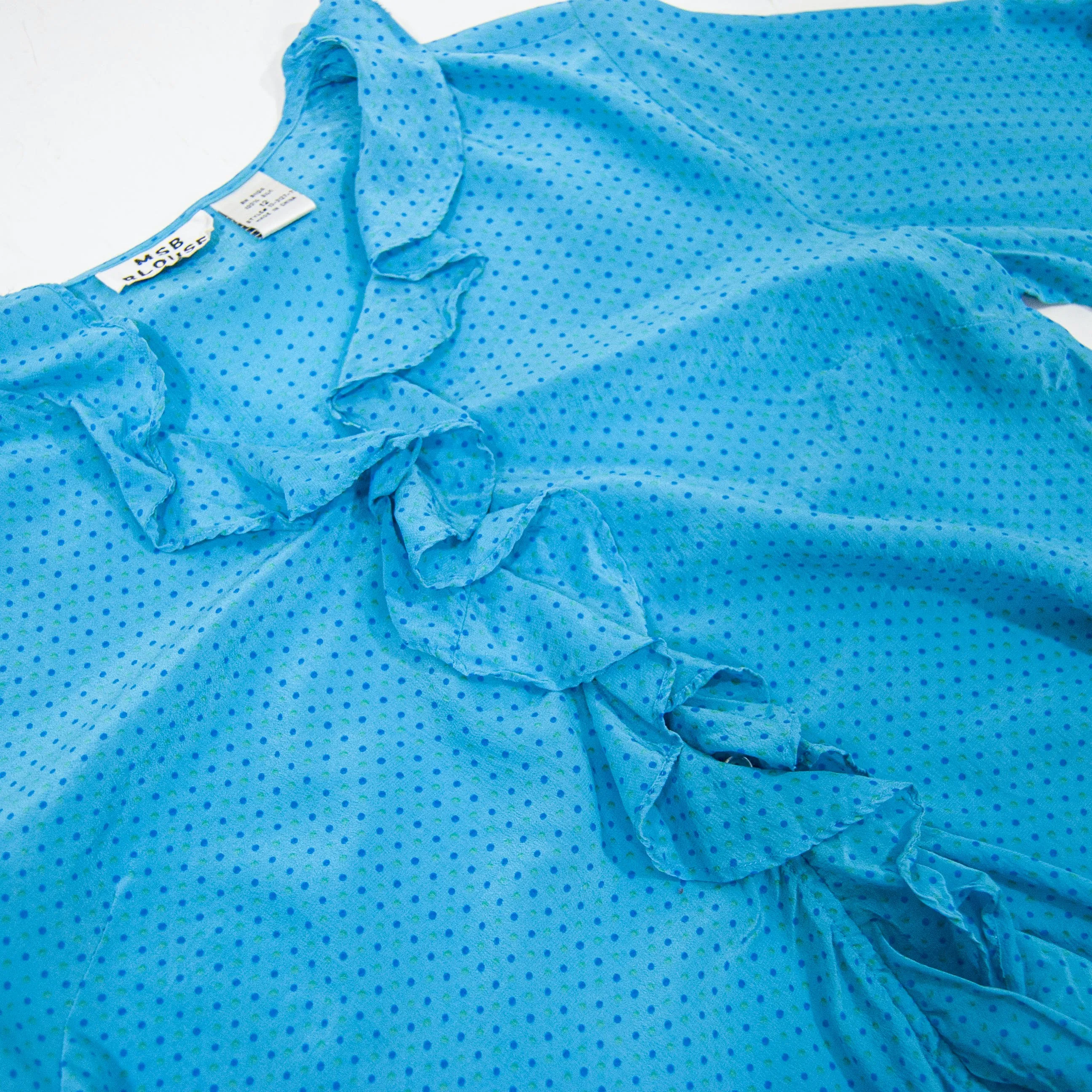 00's Cerulean Silk Polka Dot Ruffle Blouse by Msb Blouse