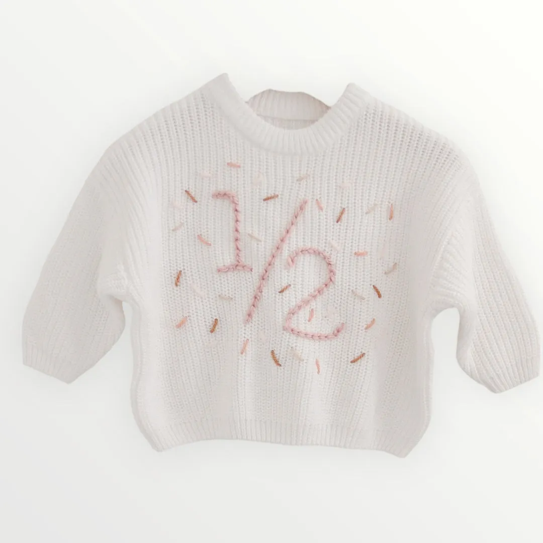 1/2 Birthday Hand-embroidered Chunky Sweater - White