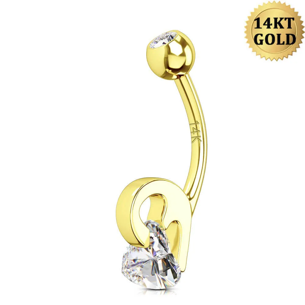 14K Gold Half a Heart Belly Ring With Triangle CZ