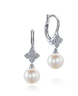 14K White Gold Floral Diamond Pearl Drop Earrings