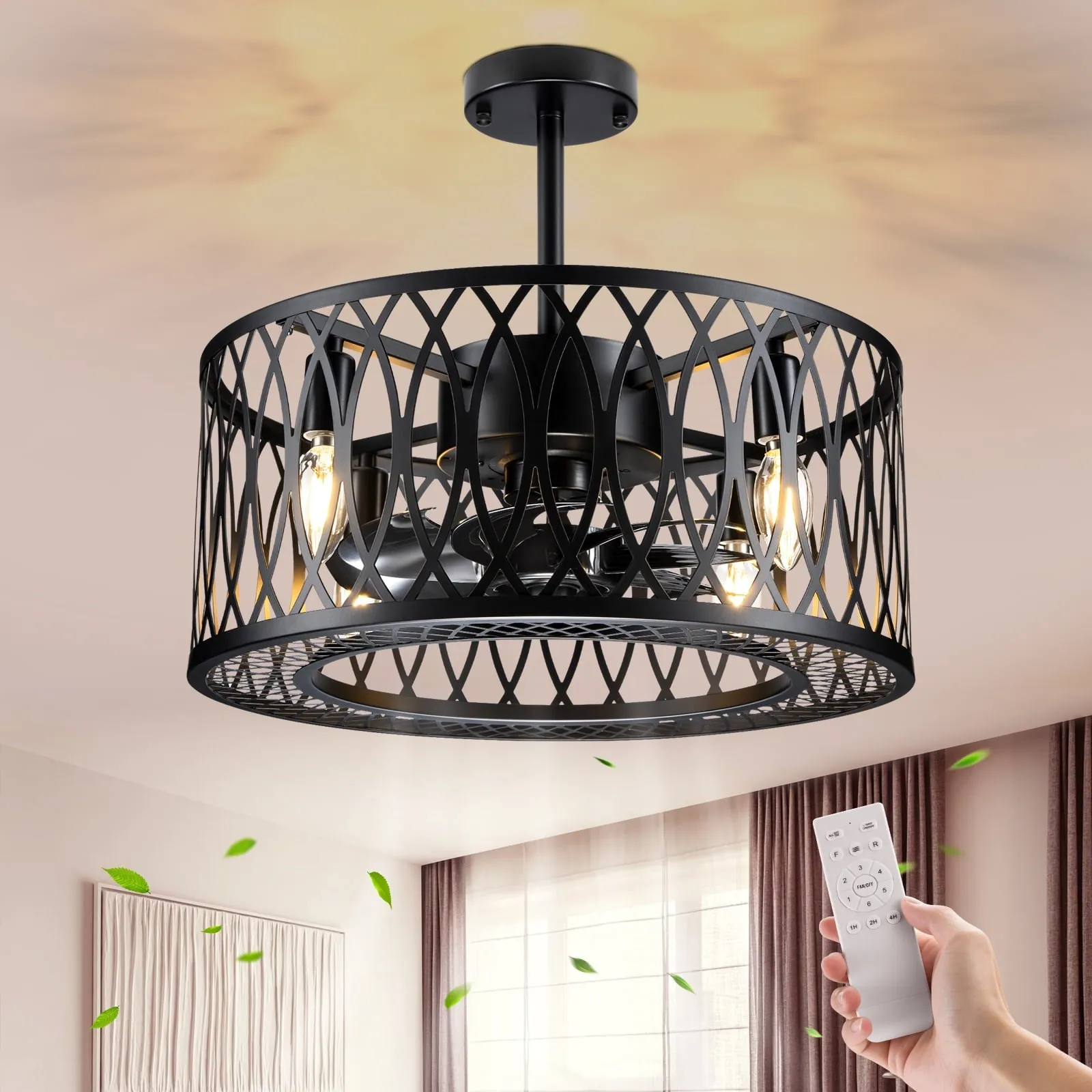 18' Caged Ceiling Fan with Light and Remote Control, Industrial Matte Black Ceiling Fans Indoor and Outdoor Smart Flush Mount Ceiling Fan Light Kit for Yard Bedroom, Living Room, Kitchen