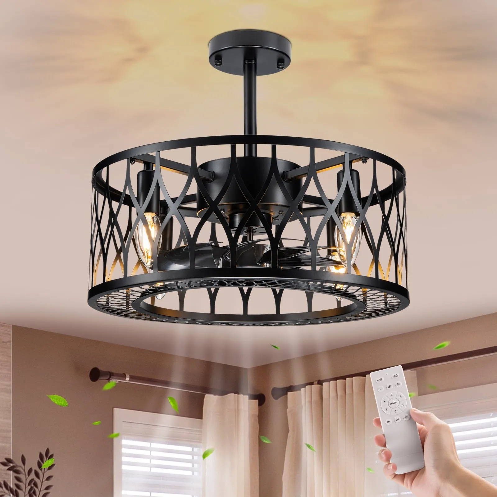 18' Caged Ceiling Fan with Light and Remote Control, Industrial Matte Black Ceiling Fans Indoor and Outdoor Smart Flush Mount Ceiling Fan Light Kit for Yard Bedroom, Living Room, Kitchen