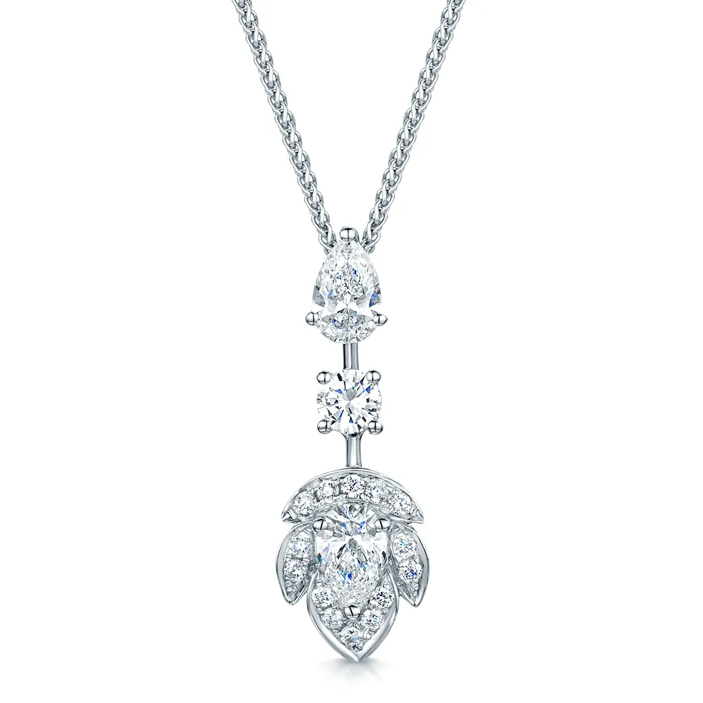 18ct White Gold Art Deco Style Leaf Design Diamond Pendant