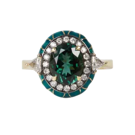 18K Yellow Gold Tourmaline Emerald and Diamond Ring