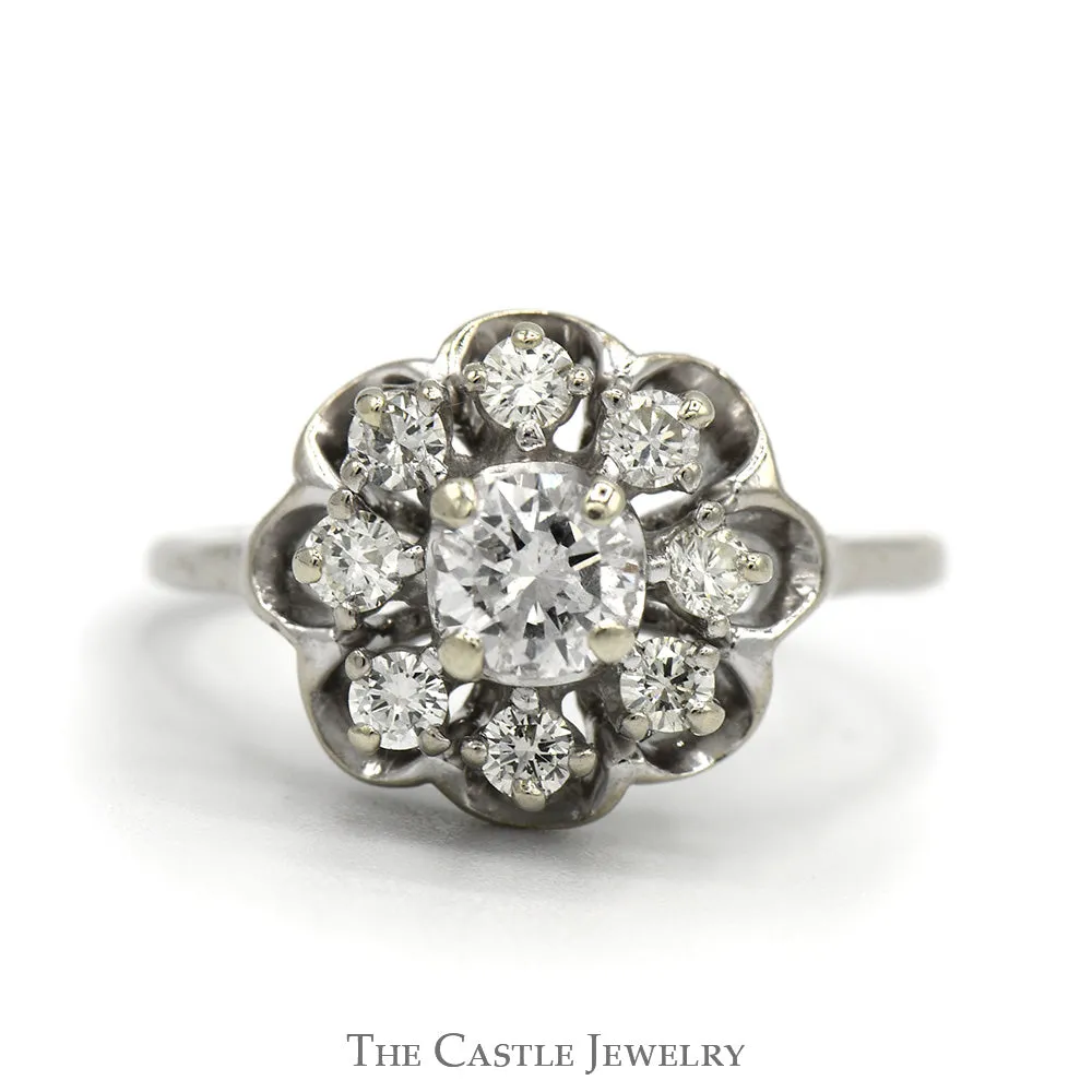 1cttw 9 Diamond Flower Cluster Ring in 14k White Gold Scalloped Mounting