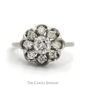 1cttw 9 Diamond Flower Cluster Ring in 14k White Gold Scalloped Mounting