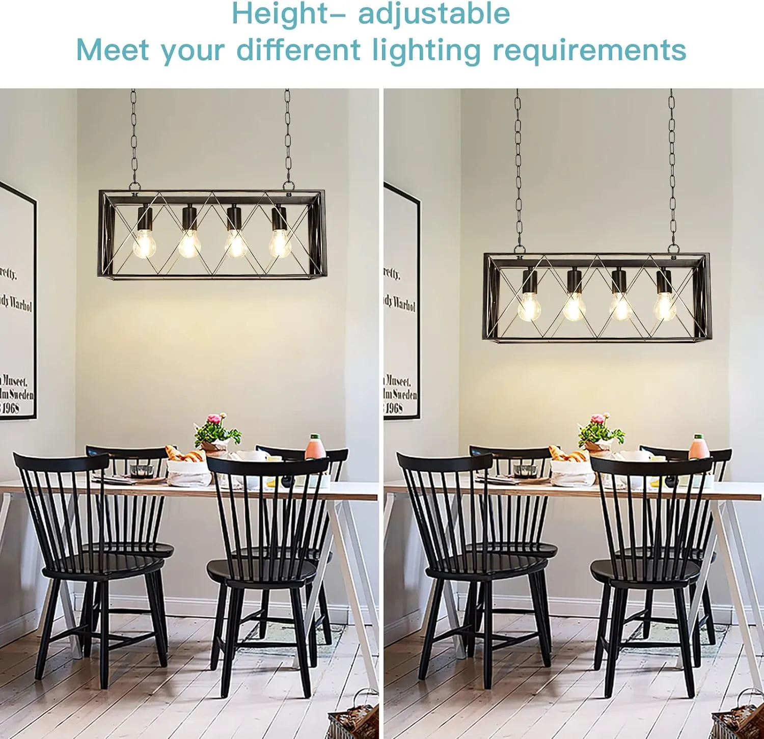 4-Light Farmhouse Kitchen Island Pendant Lighting, Industrial Black Chandelier Light Fixture Ceiling Hanging with Metal Frame