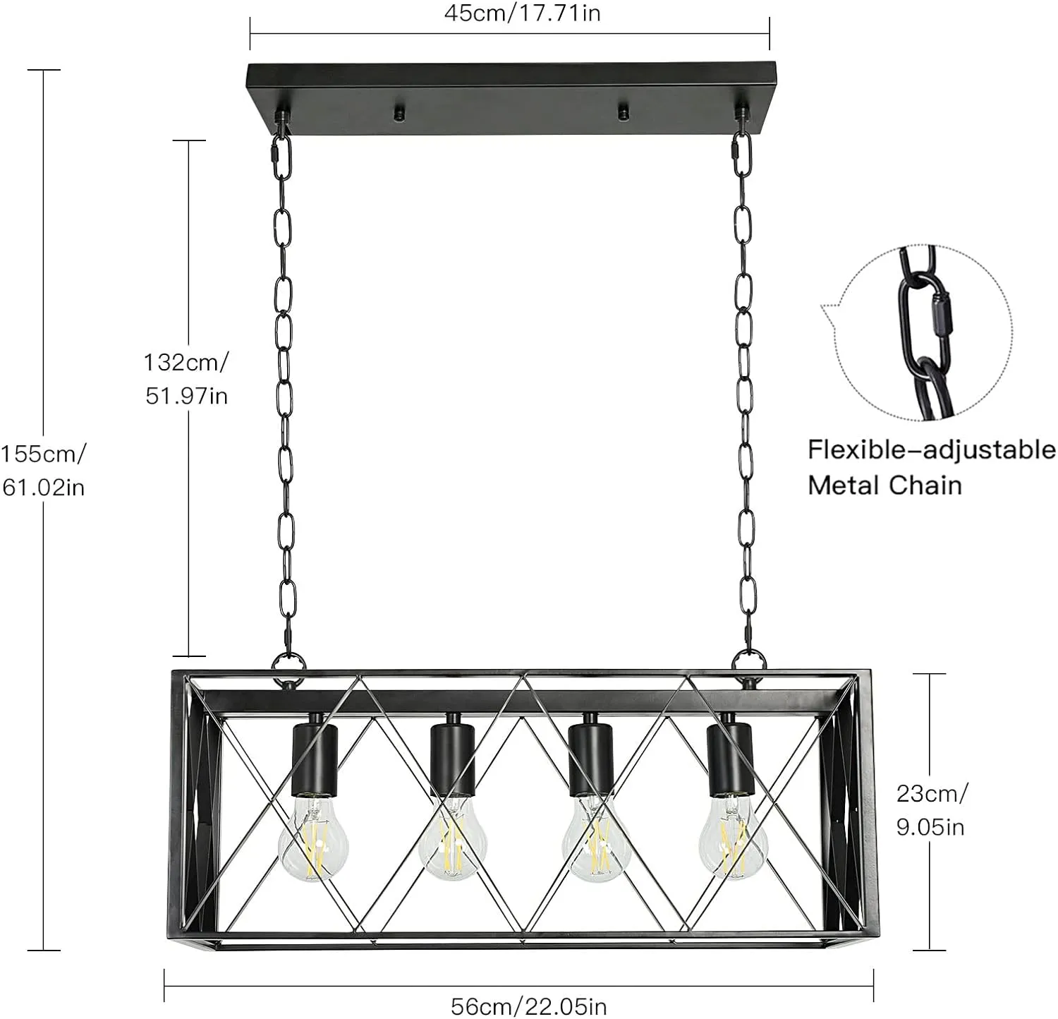 4-Light Farmhouse Kitchen Island Pendant Lighting, Industrial Black Chandelier Light Fixture Ceiling Hanging with Metal Frame