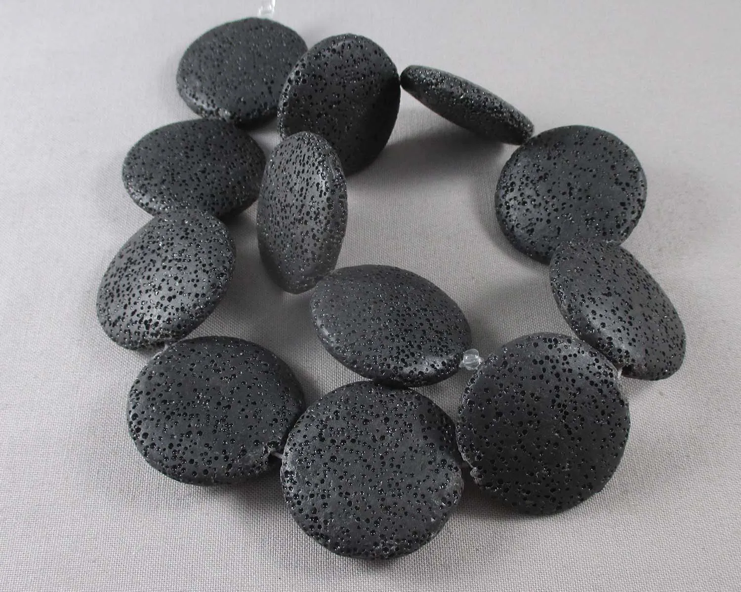 50% OFF!! Flat Round Black Lava Beads Waxed 33mm