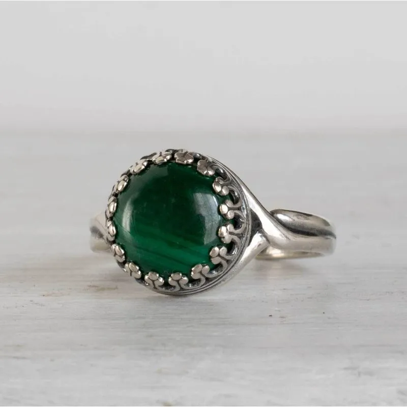 925 Sterling Silver Round Green Malachite 10mm Ring