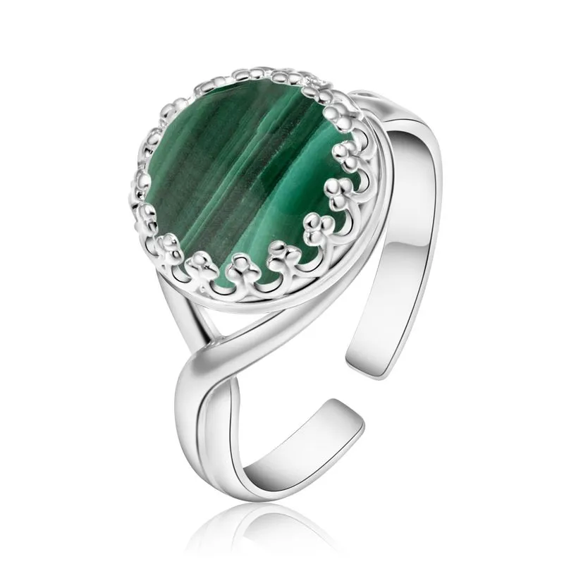 925 Sterling Silver Round Green Malachite 10mm Ring