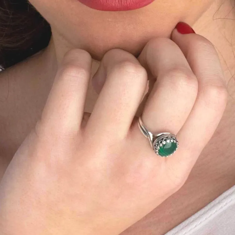 925 Sterling Silver Round Green Malachite 10mm Ring