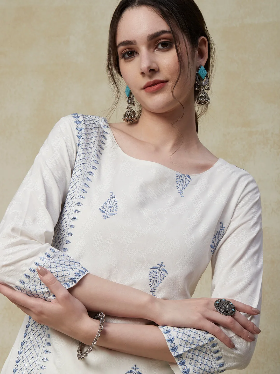 Abstract Printed Resham & Sequins Embroidered Kurta with Palazzo - White