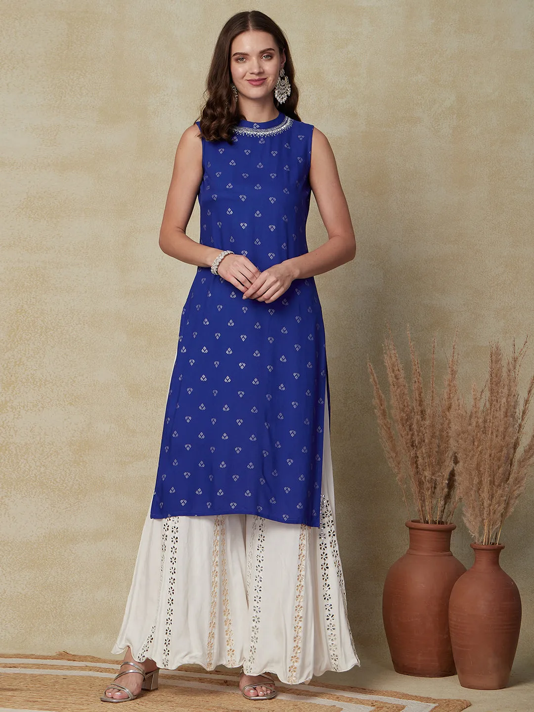 Abstract Printed Zari Embroidered Kurta - Blue