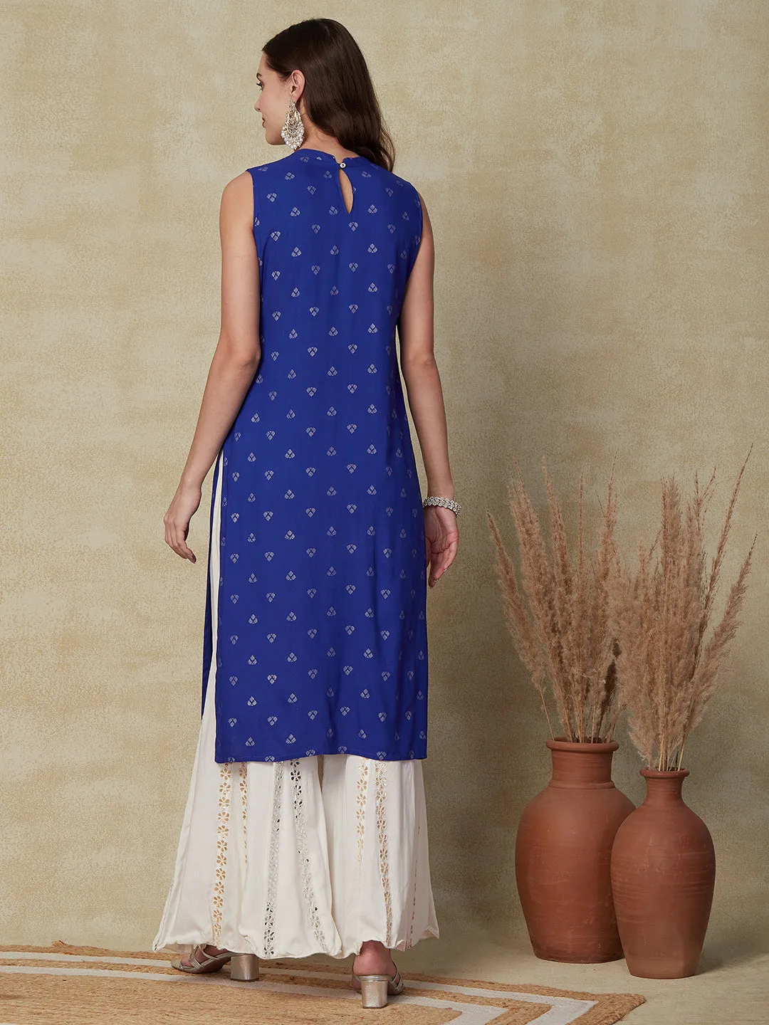 Abstract Printed Zari Embroidered Kurta - Blue