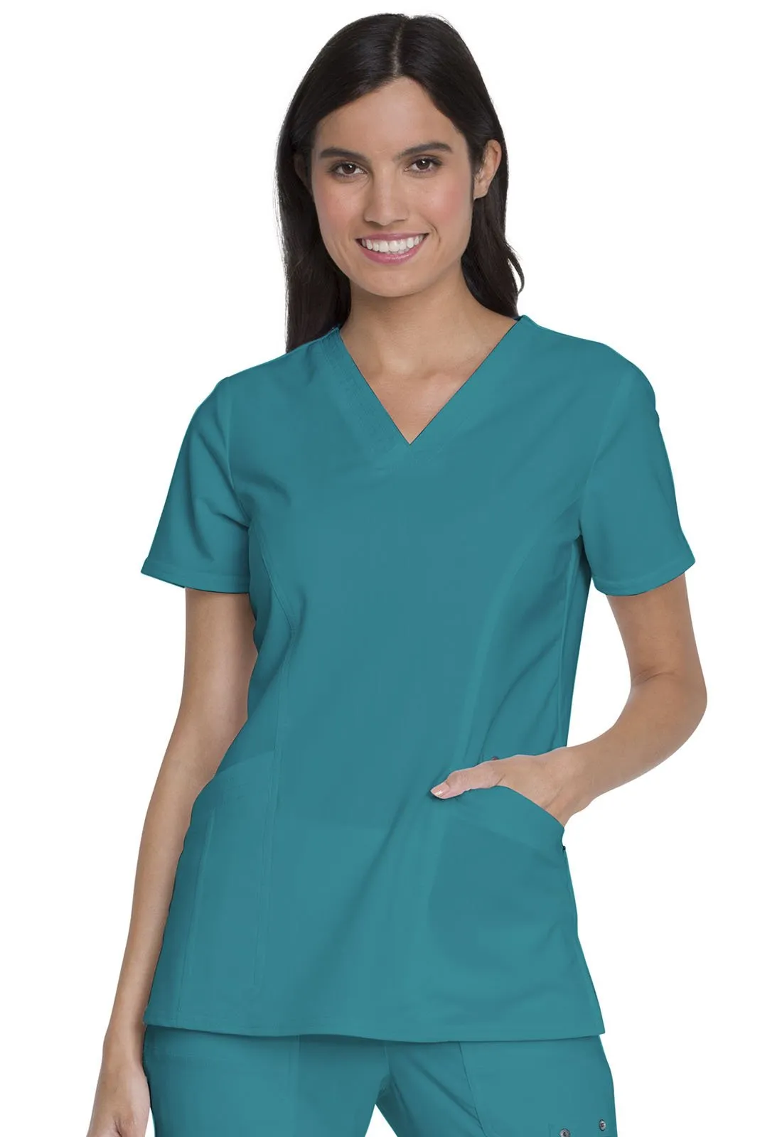 Advance Solid Tonal Twist V-Neck Top With Patch Pockets Teal XS DK755