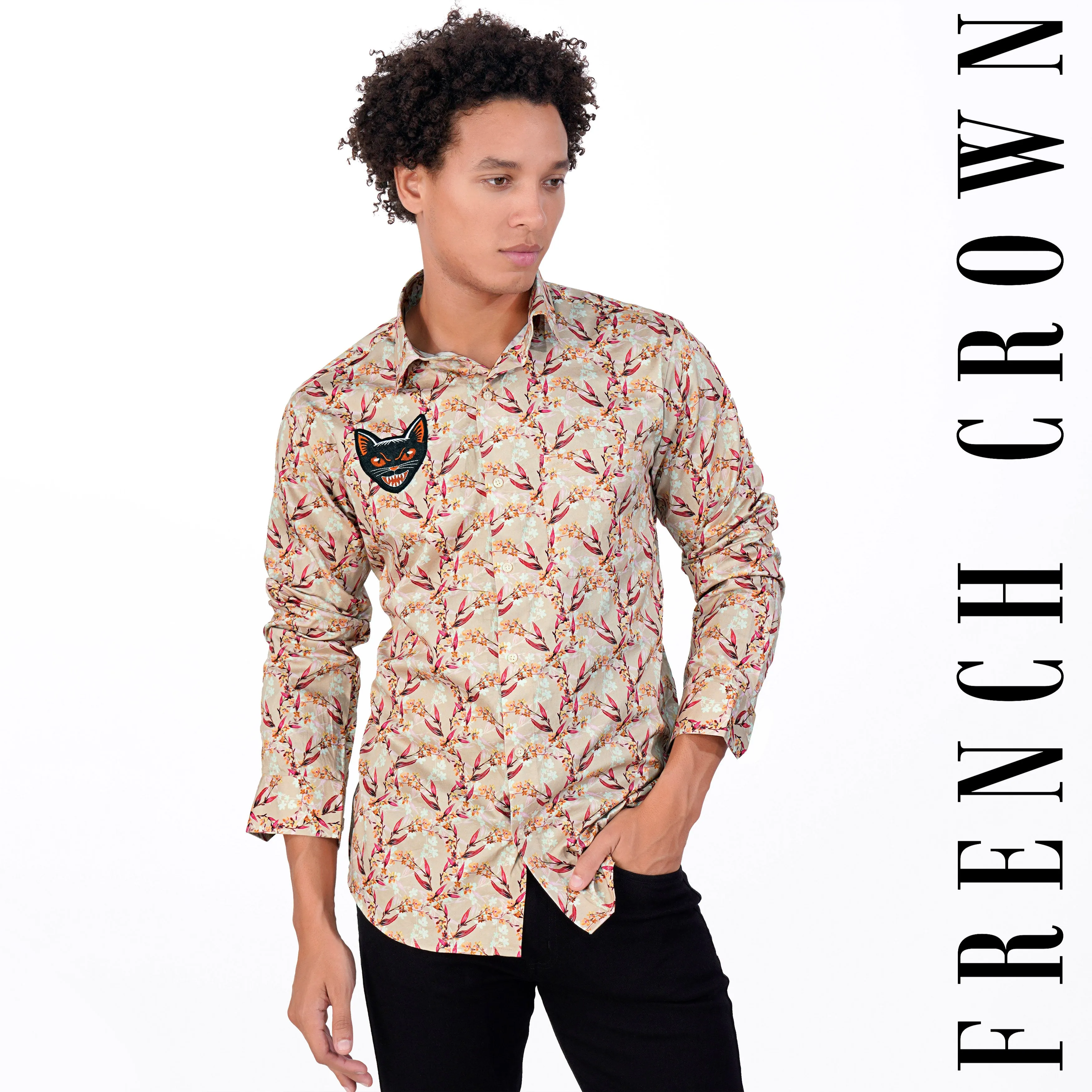 Almond Beige and Cerise Pink Leaves Printed with Cat Patchwork Super Soft Premium Cotton Designer Shirt