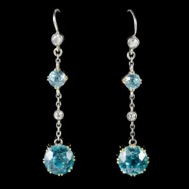 Antique Edwardian Blue Zircon Diamond Drop Earrings 18Ct Gold Circa 1910