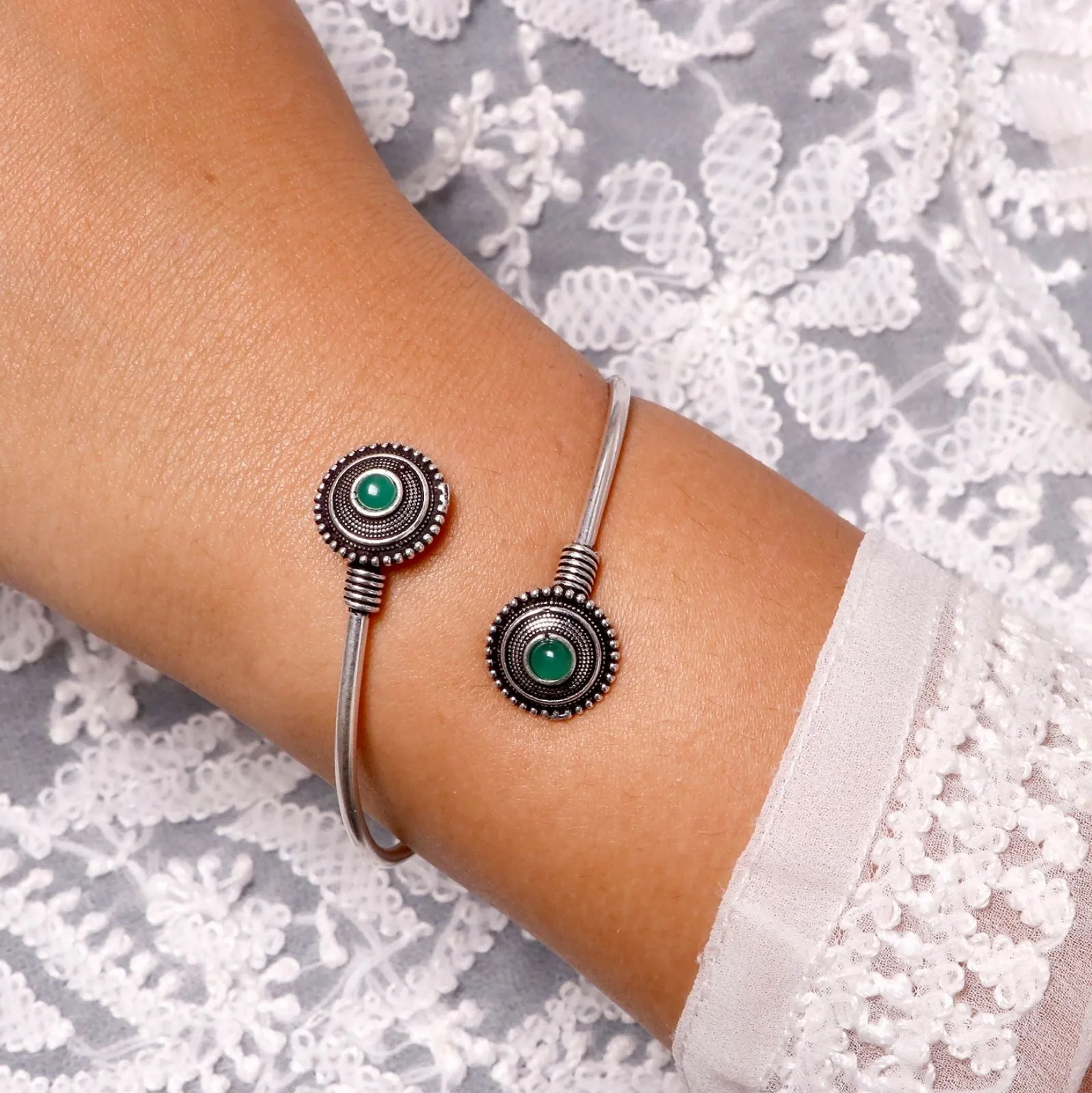 Aparna Green Circular Silver Oxidized Bracelet