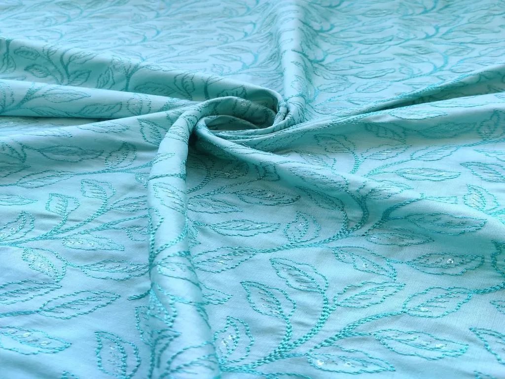 Aqua Blue Floral Sequins & Thread Embroidered Cotton Satin Fabric