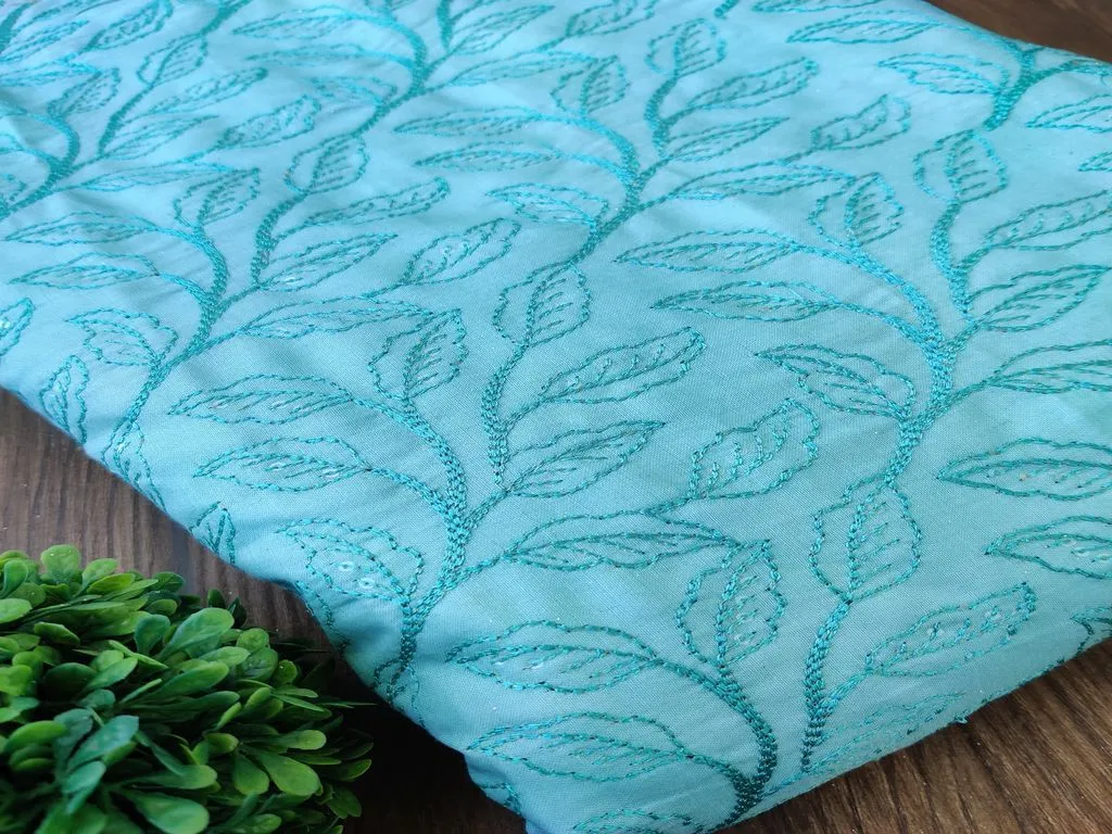 Aqua Blue Floral Sequins & Thread Embroidered Cotton Satin Fabric