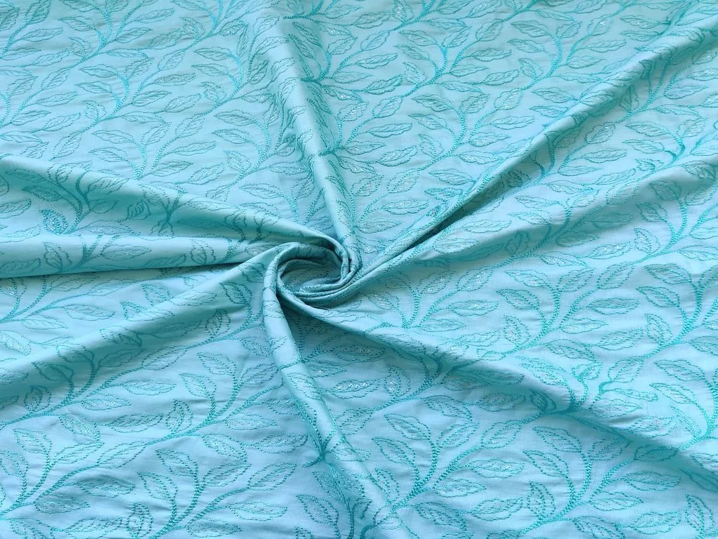 Aqua Blue Floral Sequins & Thread Embroidered Cotton Satin Fabric