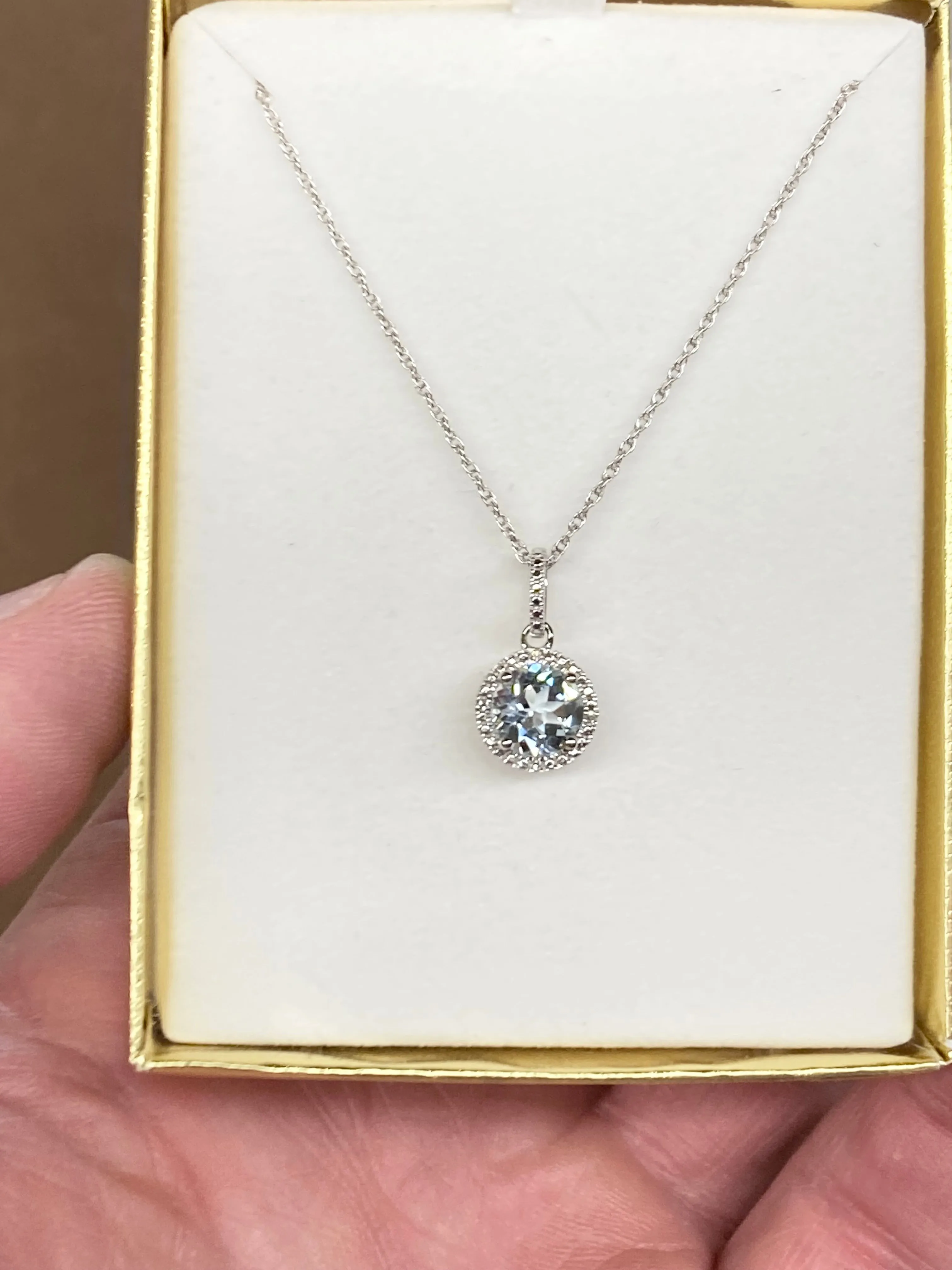 Aquamarine And Diamond Silver Pendant With Chain