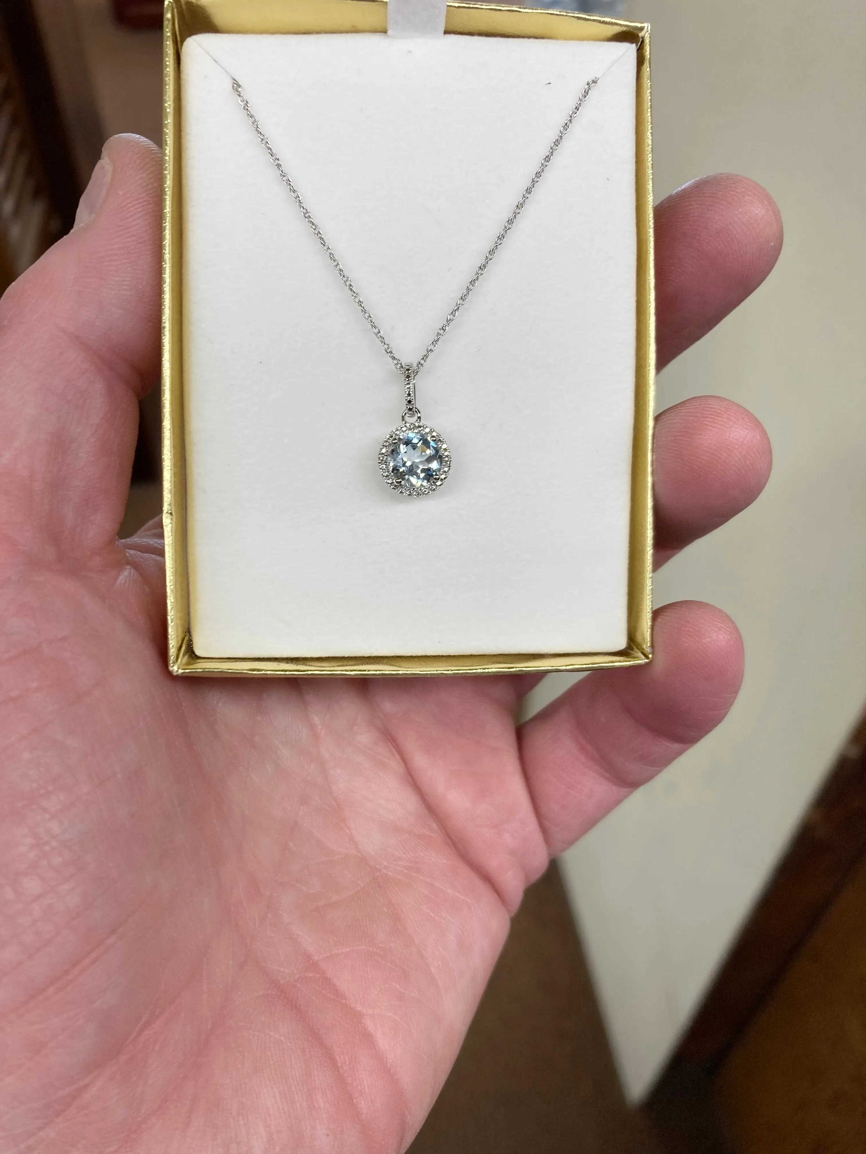 Aquamarine And Diamond Silver Pendant With Chain