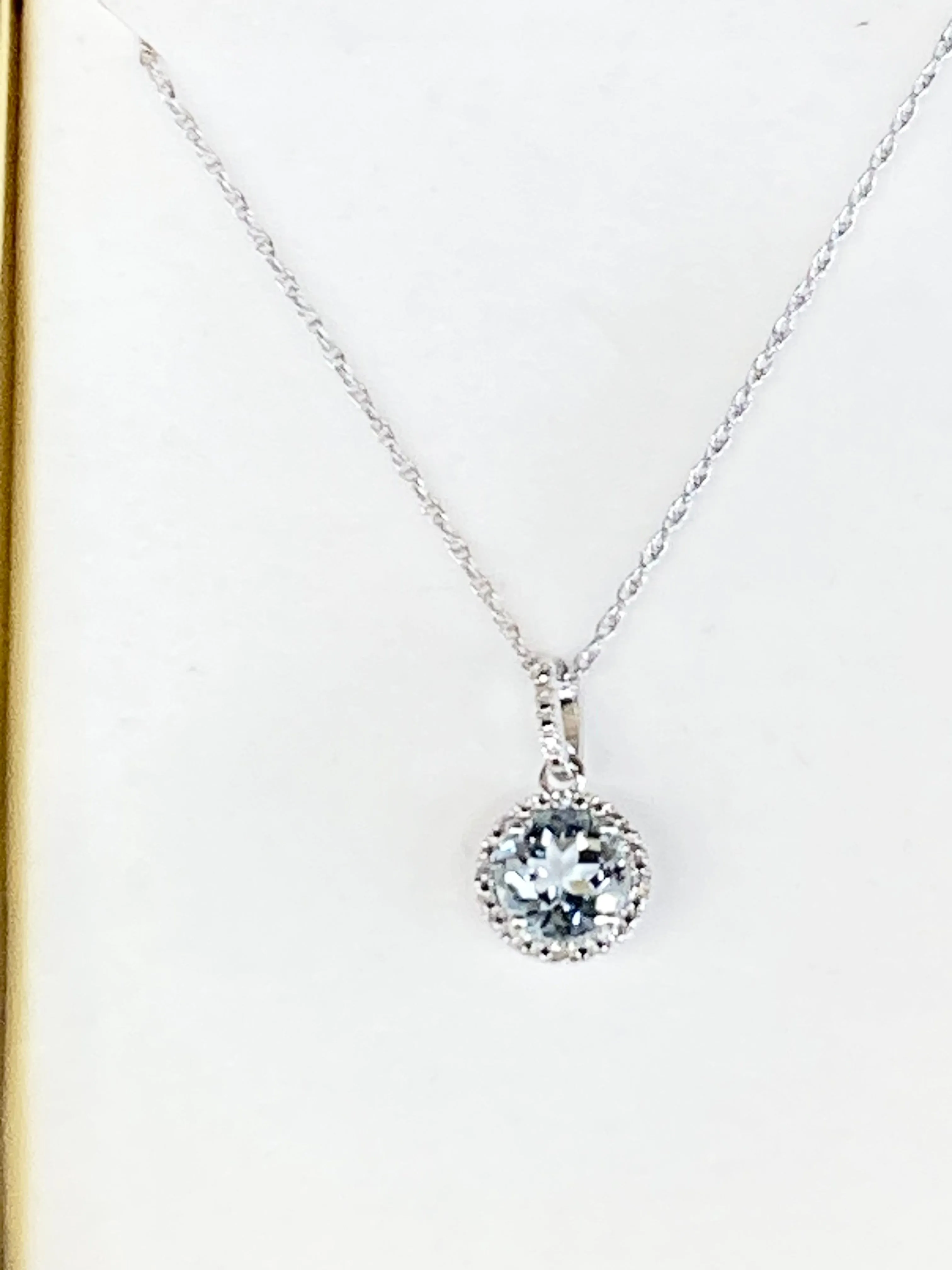 Aquamarine And Diamond Silver Pendant With Chain