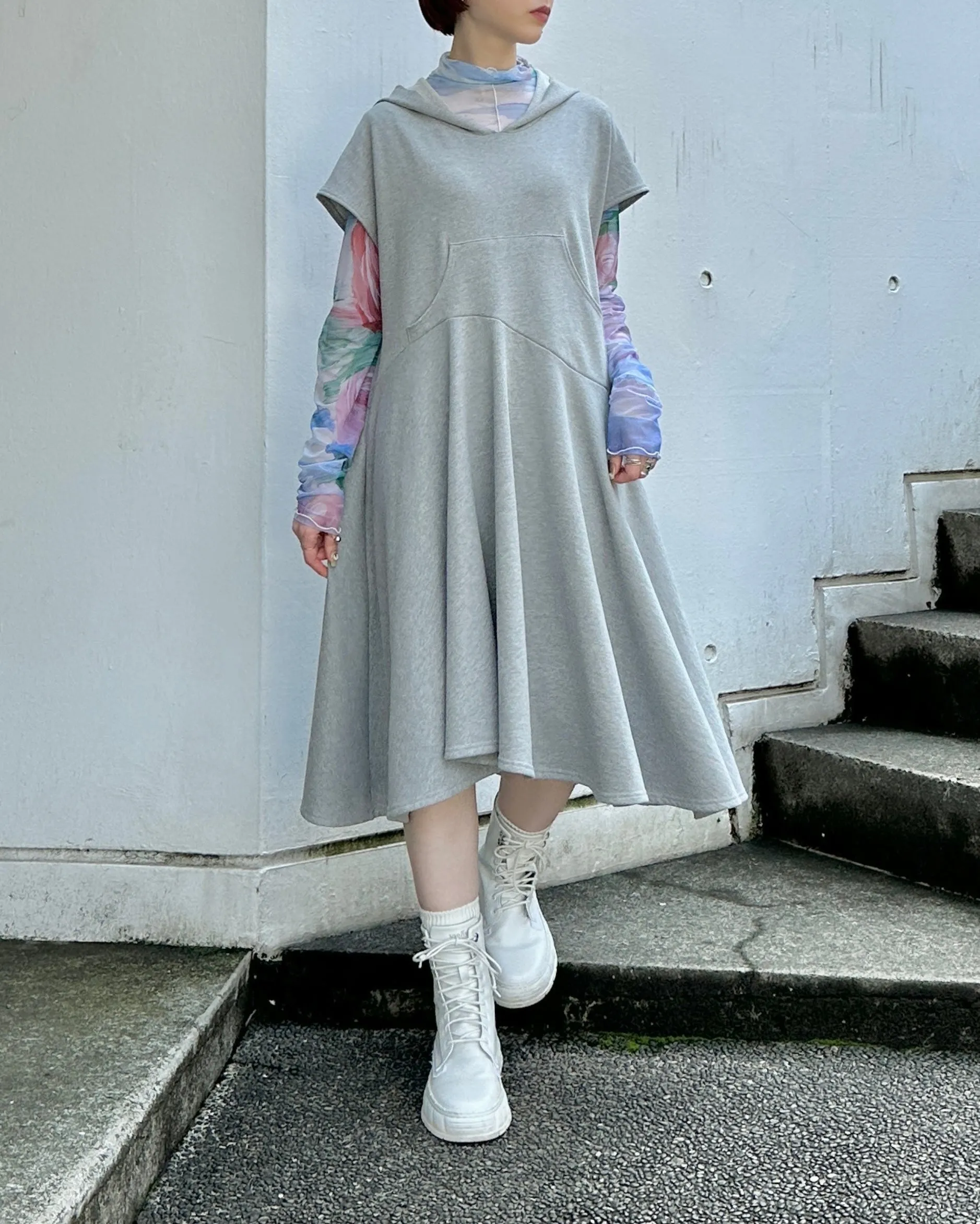 Asymmetric flare hoodie dress (Gray)