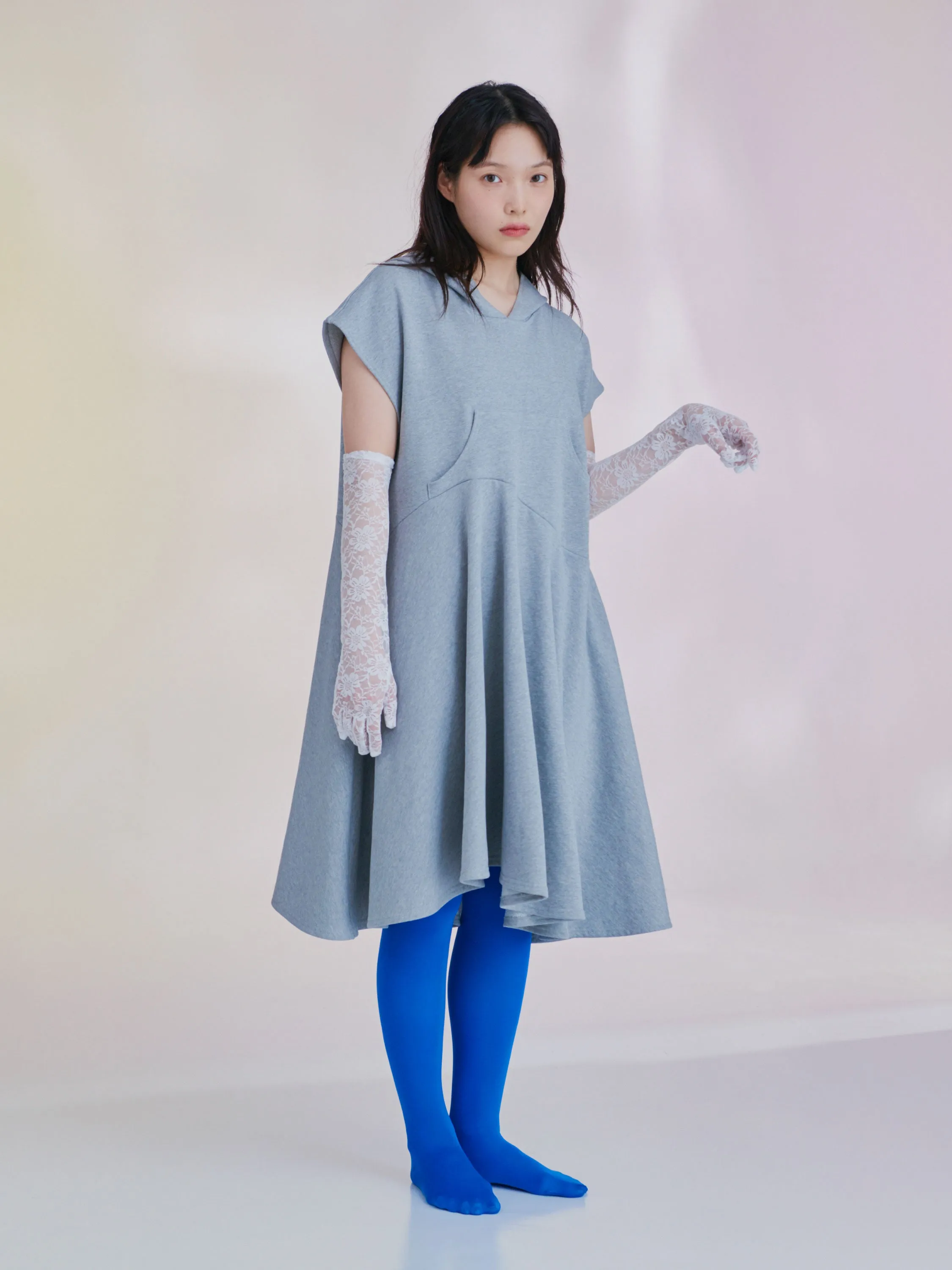 Asymmetric flare hoodie dress (Gray)