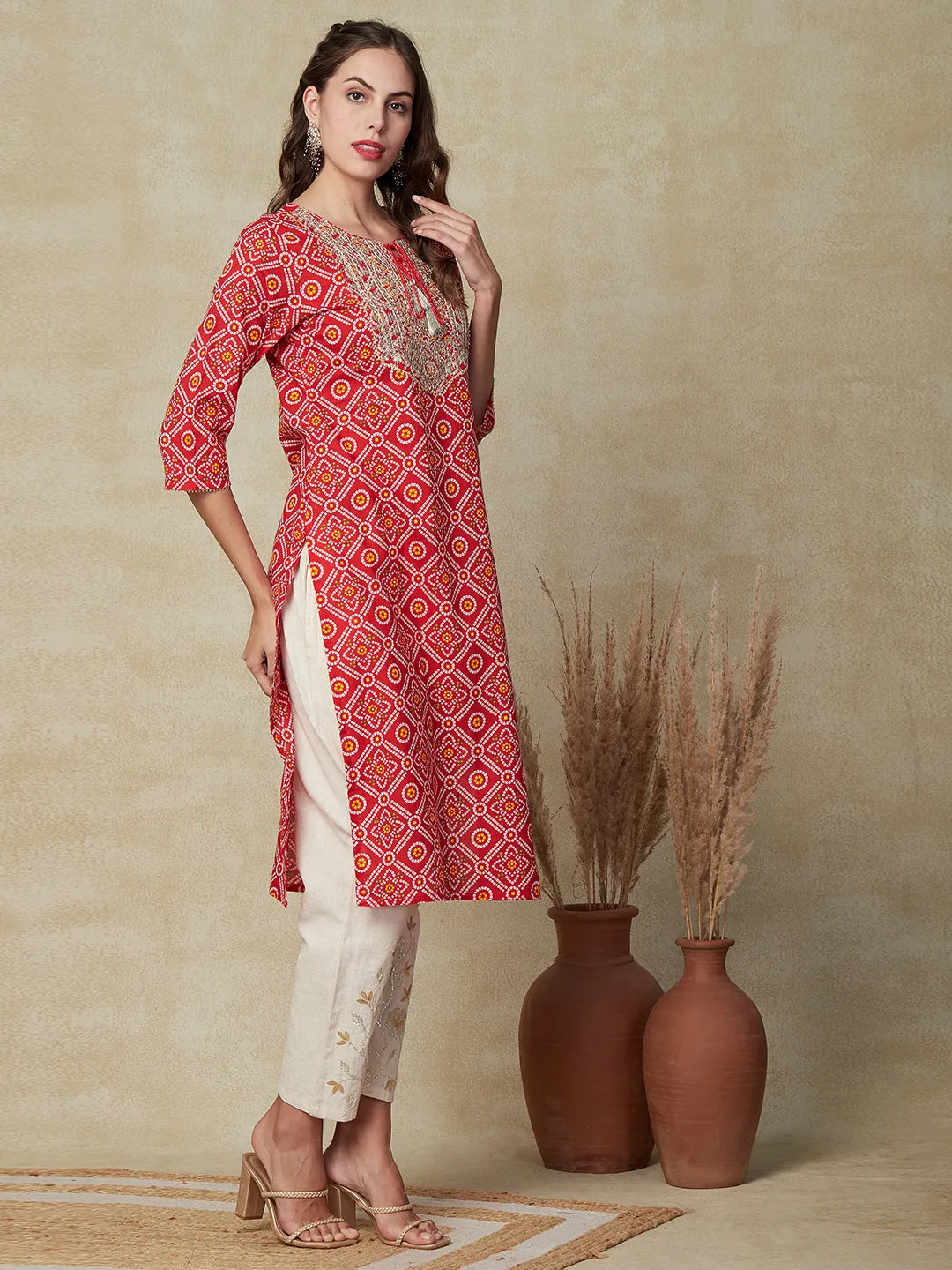 Bandhani Printed Zari Dori & Sequins Embroidered Kurta - Red