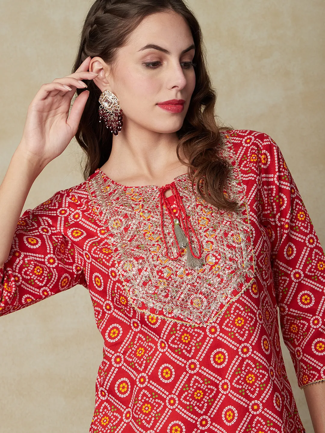 Bandhani Printed Zari Dori & Sequins Embroidered Kurta - Red