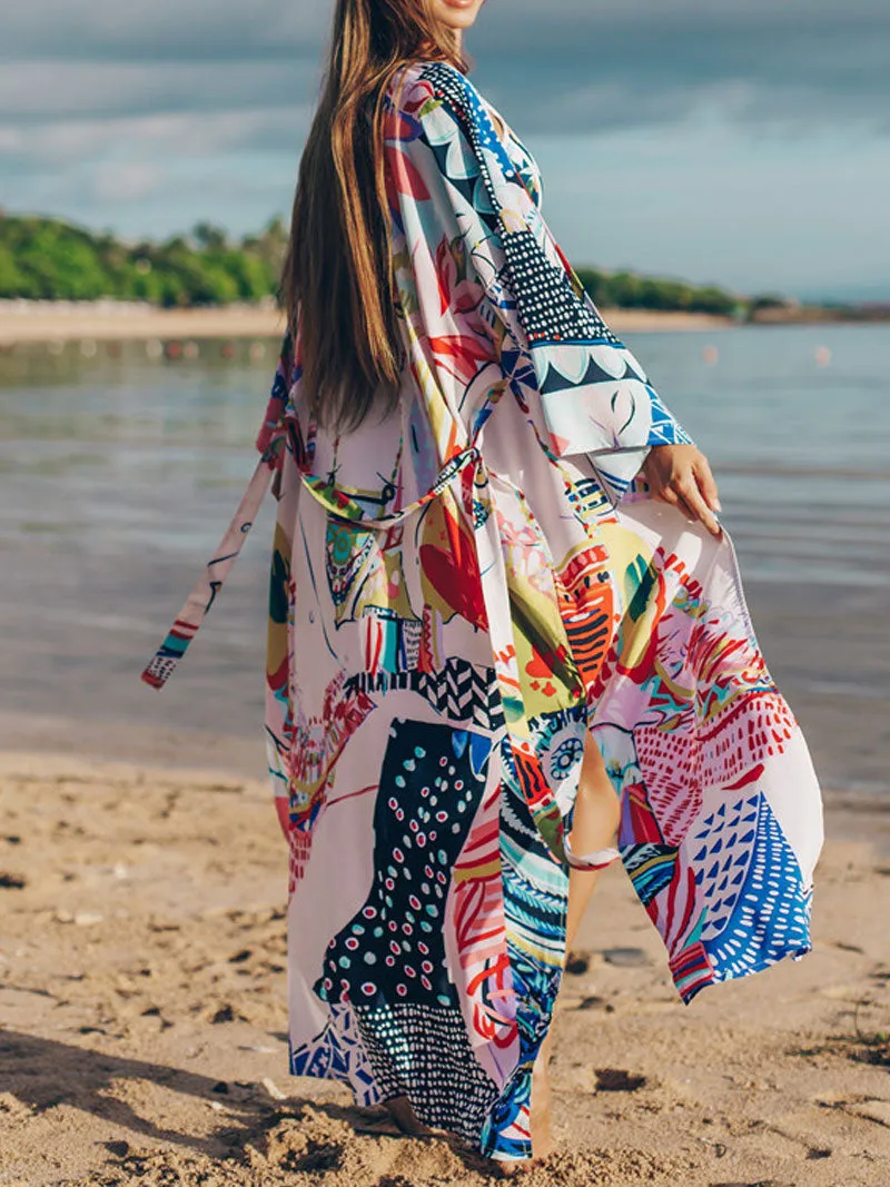 Beachwear & Swimwear Polyester Kimono Floral Print With Doll Print On Back Multicolor Color Long Length Gown Kimono Duster Robe