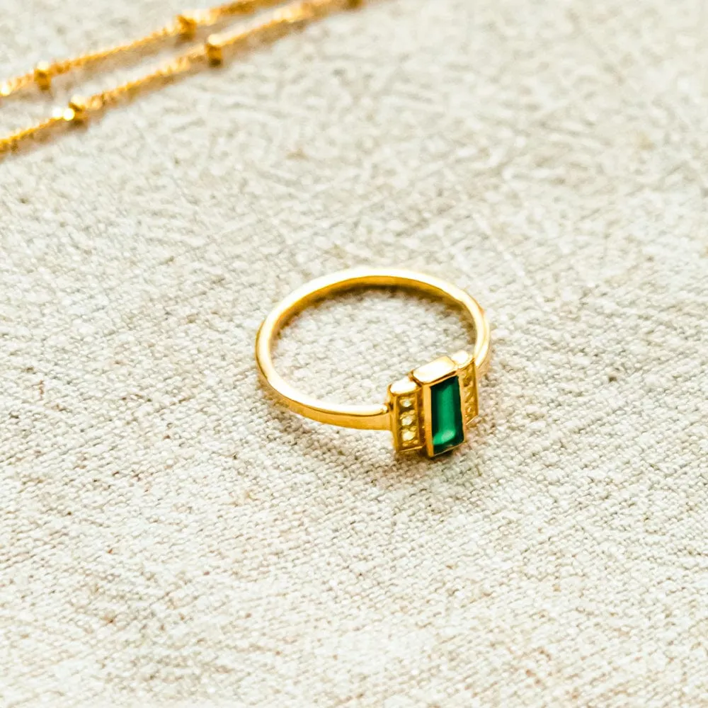 Beloved Green Onyx Baguette Ring 18ct Gold Plate