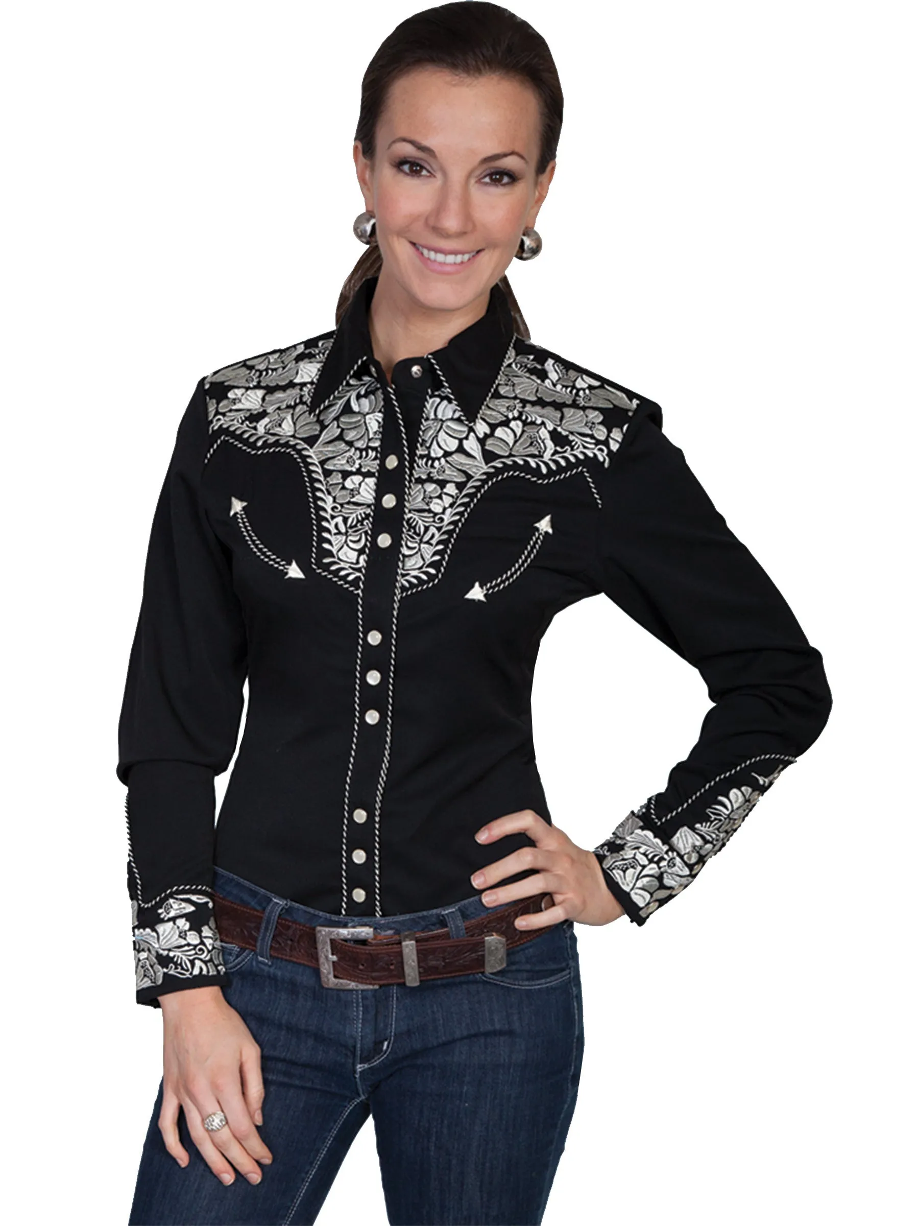 Black & Silver Floral Embroidered Yoke Western Blouse for Women Scully Bourbon Cowgirl