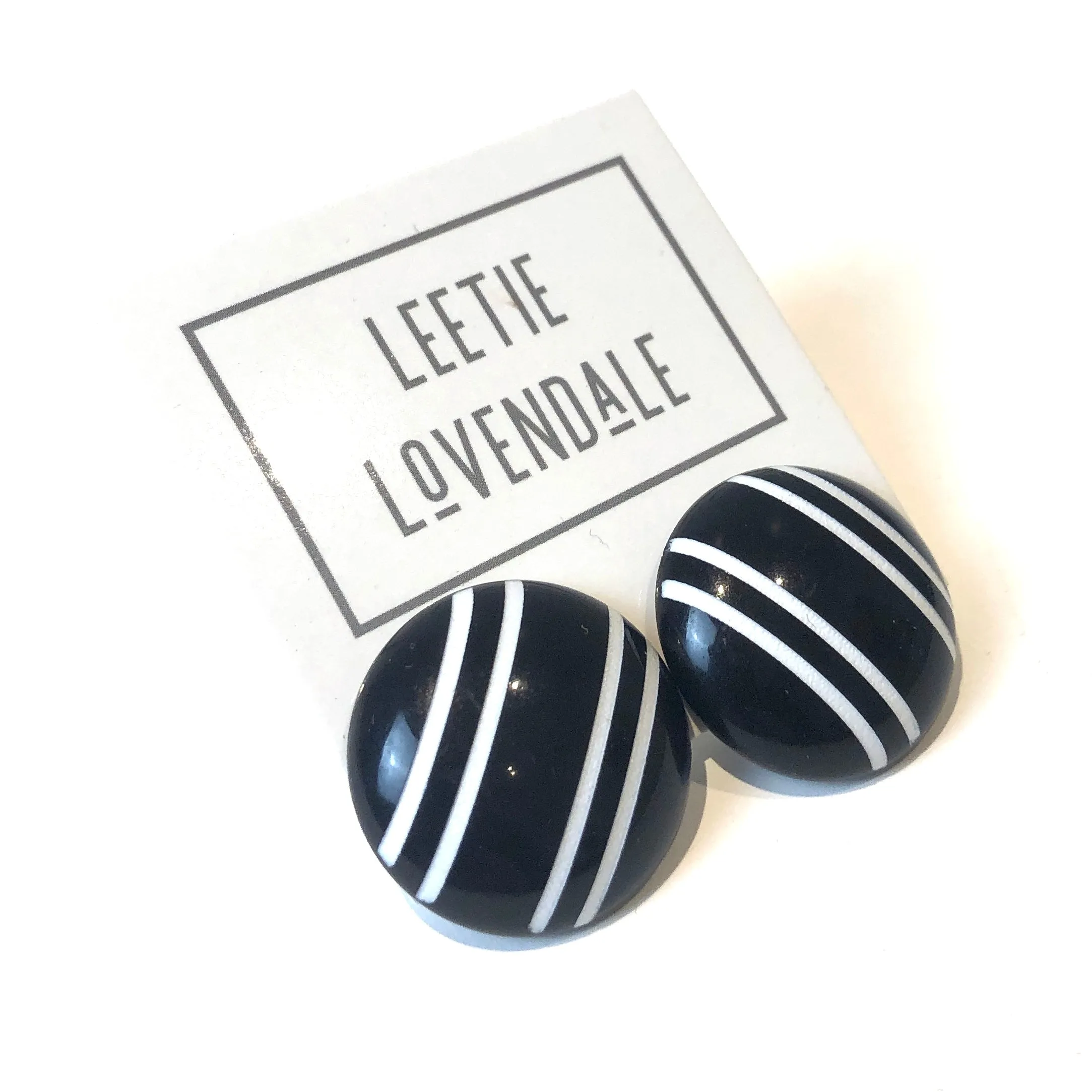 Black & White Pinstripe Retro Button Stud Earrings - Big