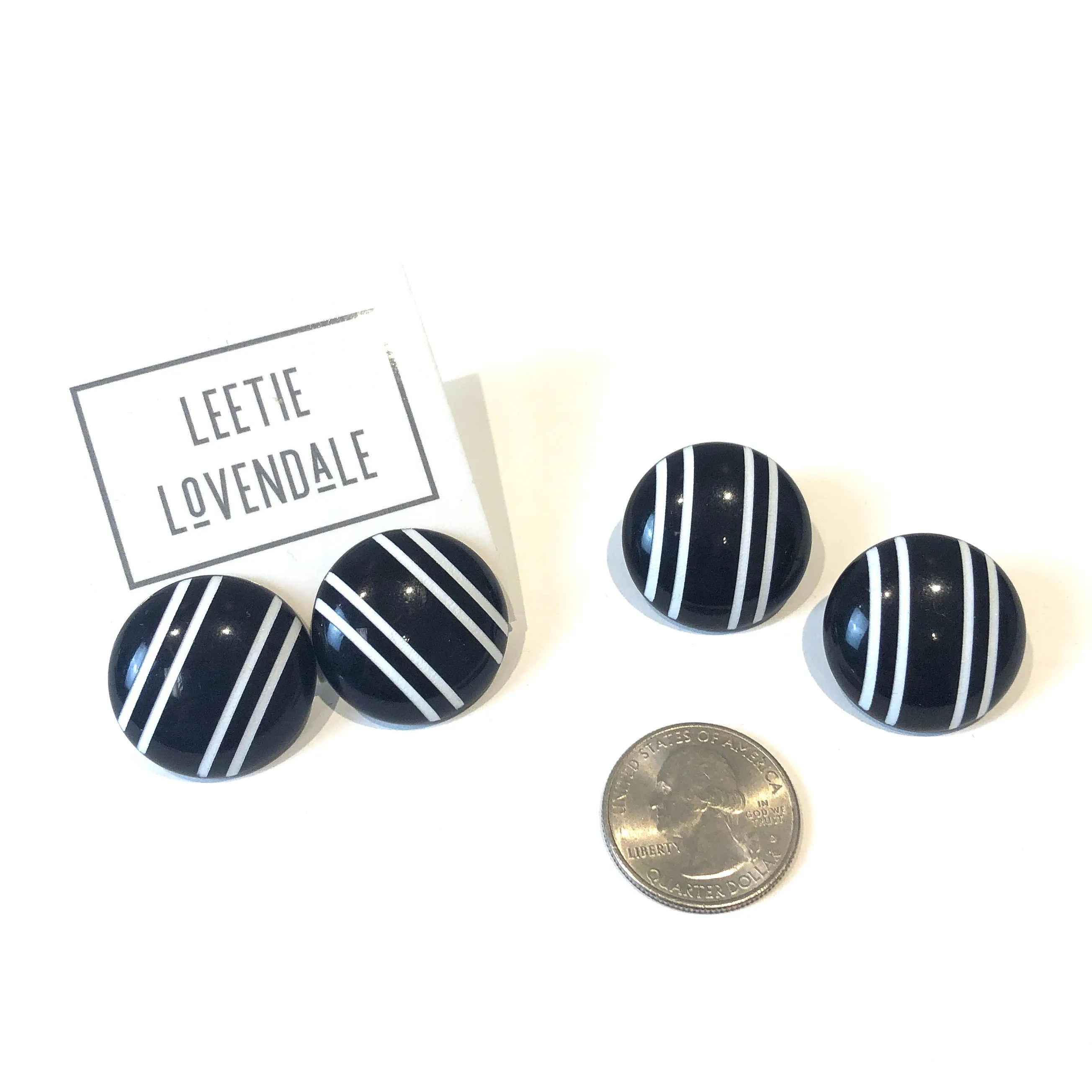 Black & White Pinstripe Retro Button Stud Earrings - Big