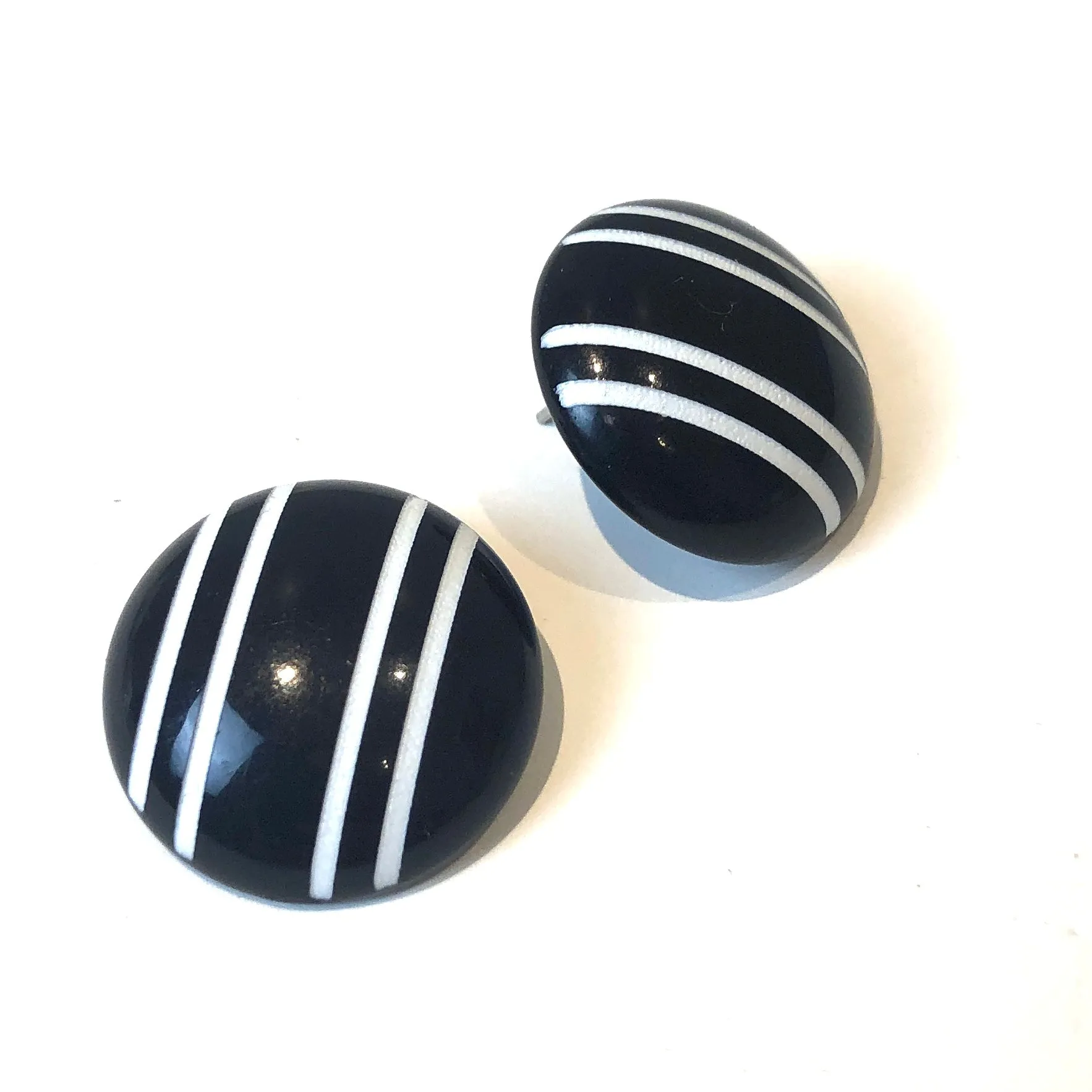 Black & White Pinstripe Retro Button Stud Earrings - Big