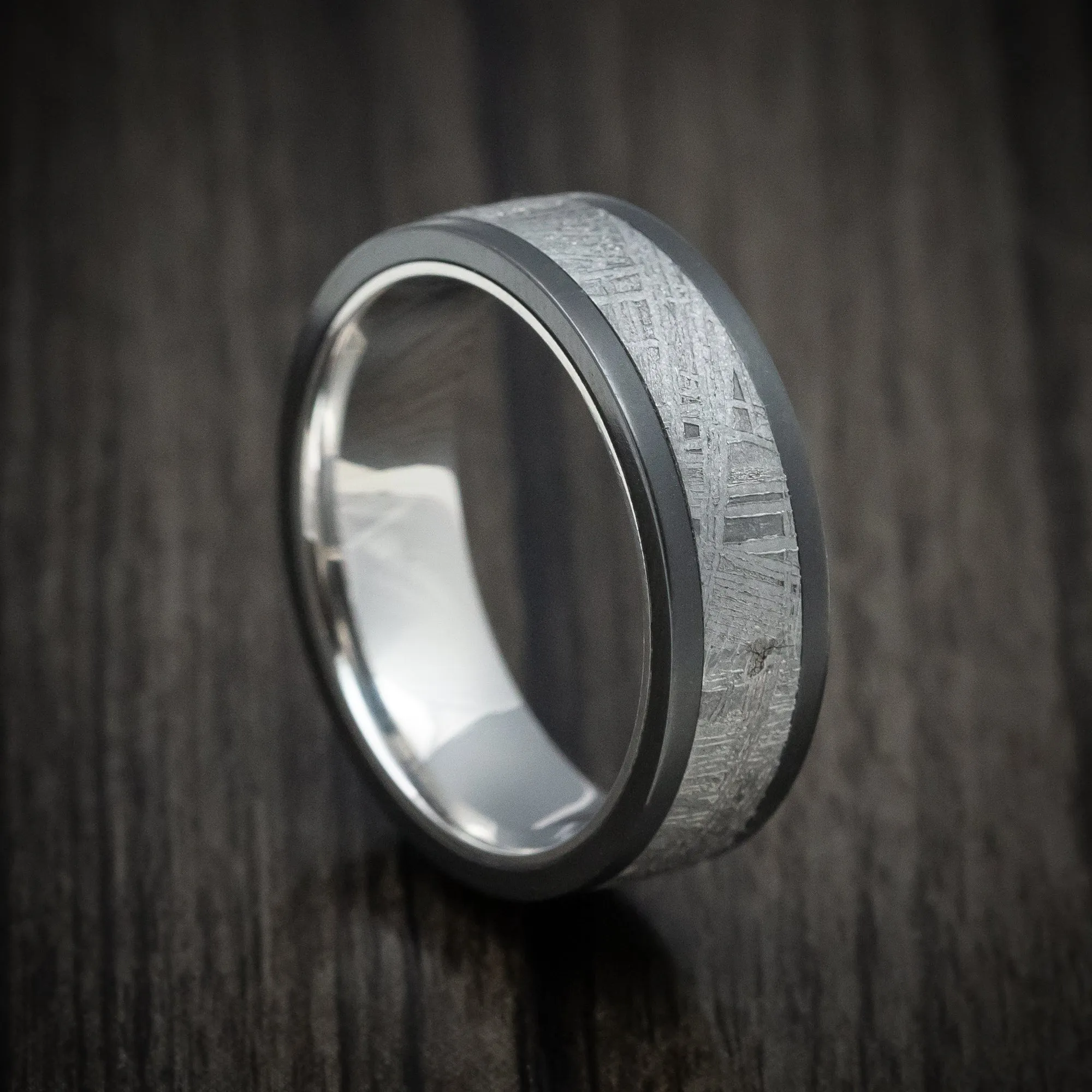 Black Titanium Men's Ring with Meteorite Inlay and Cobalt Chrome Sleeve