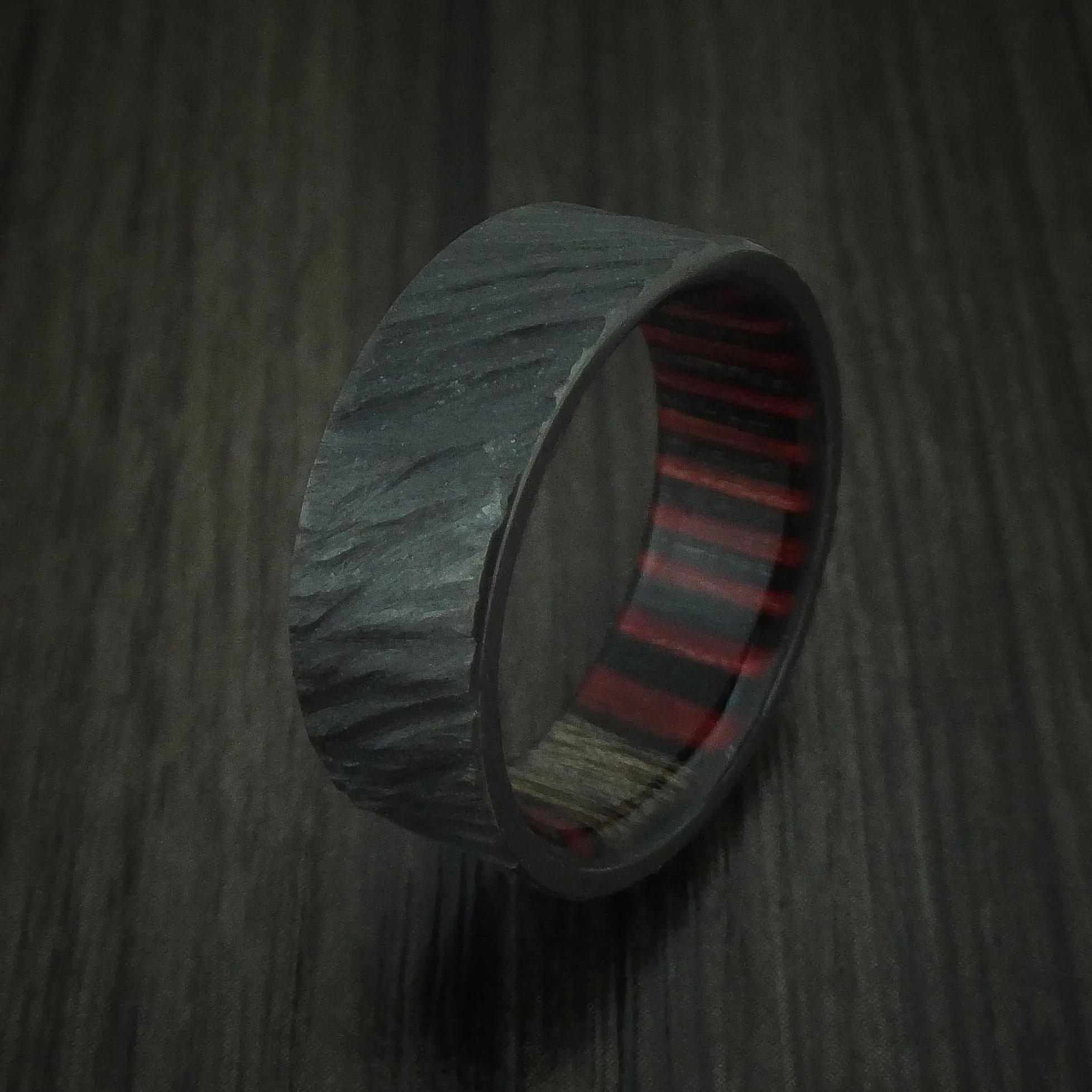 Black Titanium Tree Bark Men's Ring with Applejack Wood Sleeve Custom Made Band