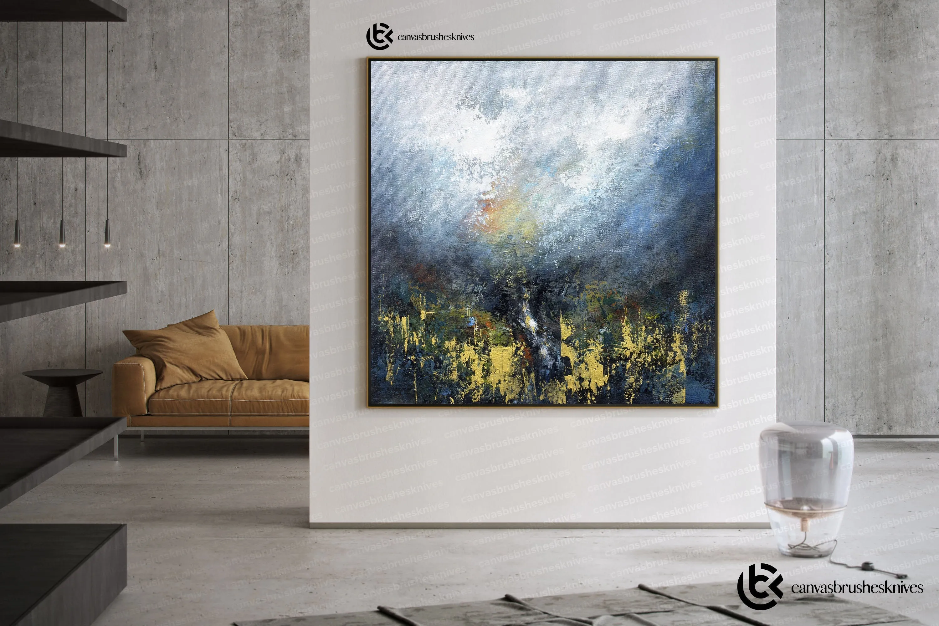 Blue White Gold Handmade Abstract Paintings Office Decor Fp044