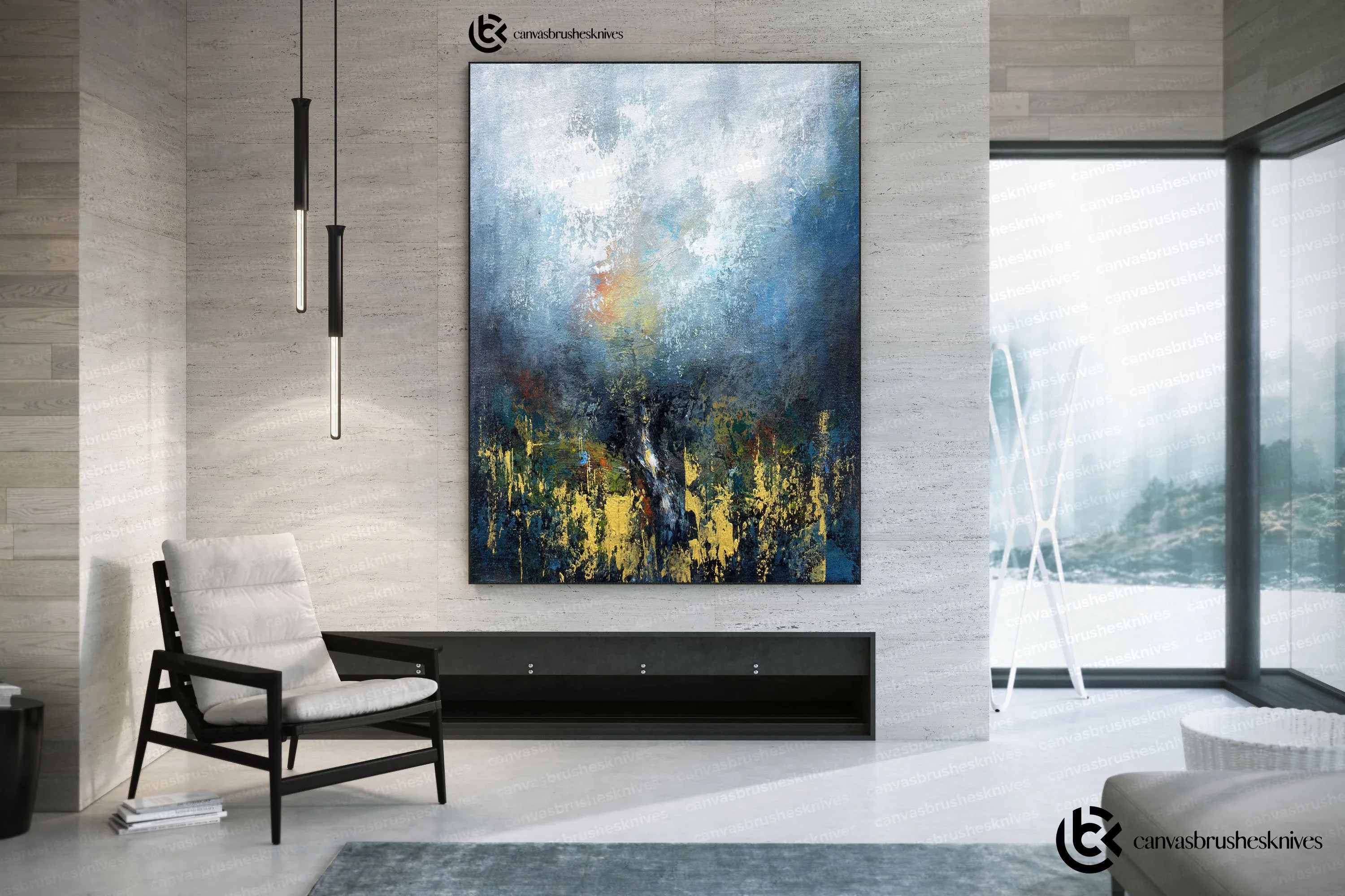 Blue White Gold Handmade Abstract Paintings Office Decor Fp044