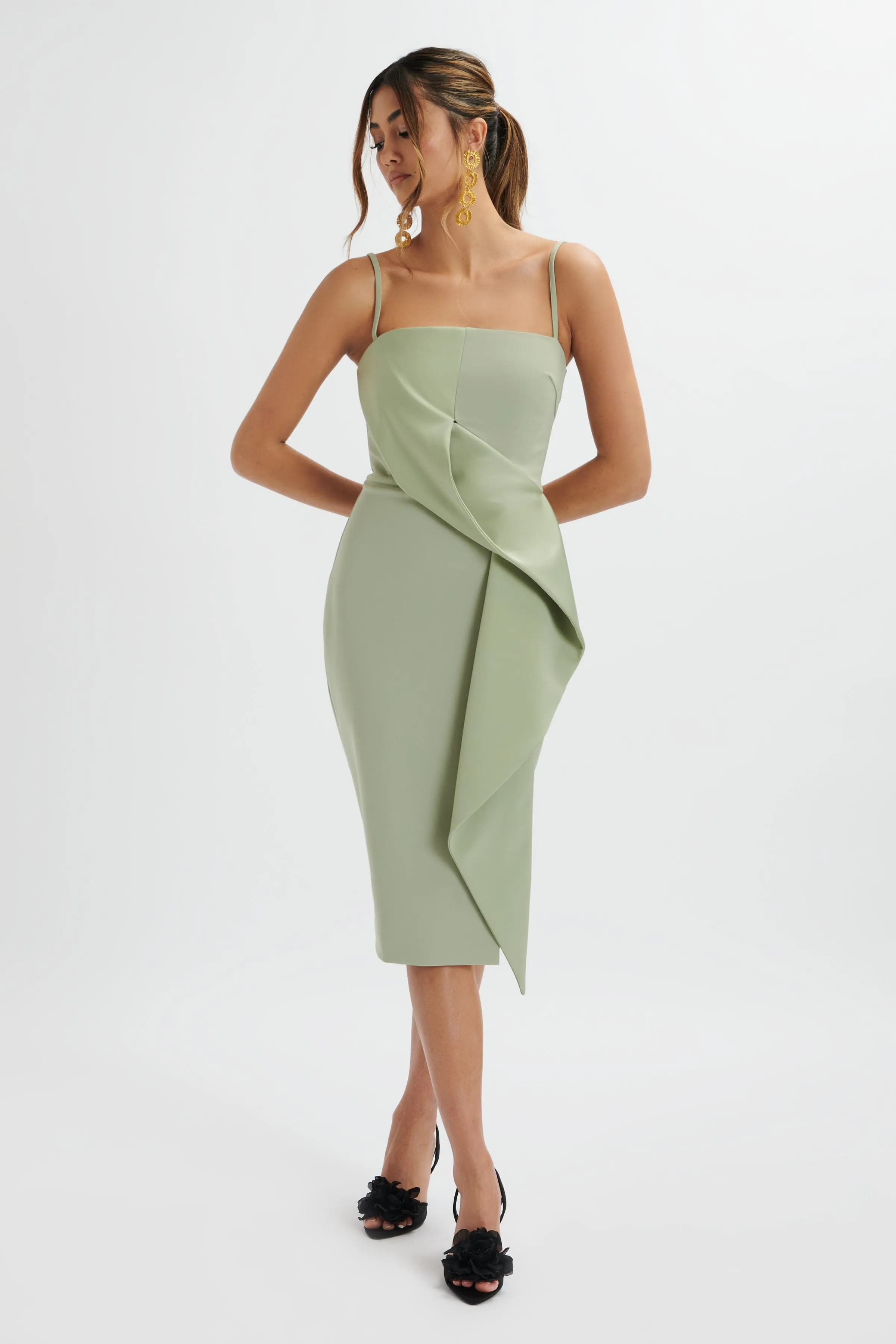 BONNIE Waterfall Frill Midi Dress In Sage Green