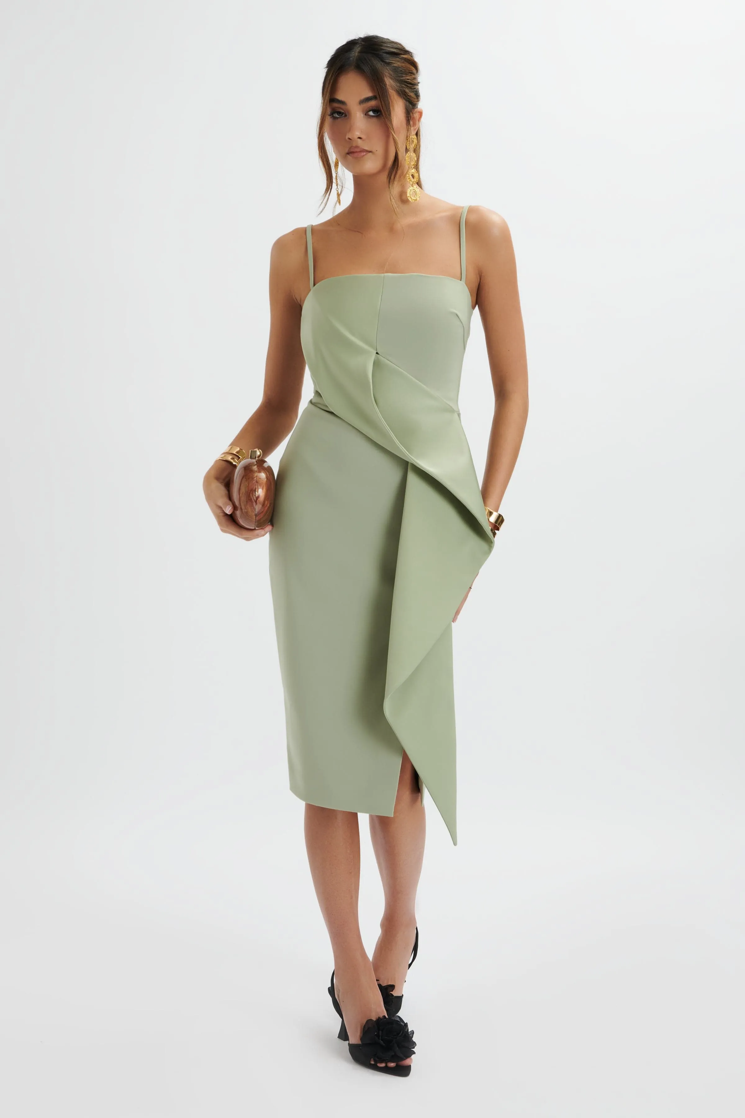 BONNIE Waterfall Frill Midi Dress In Sage Green