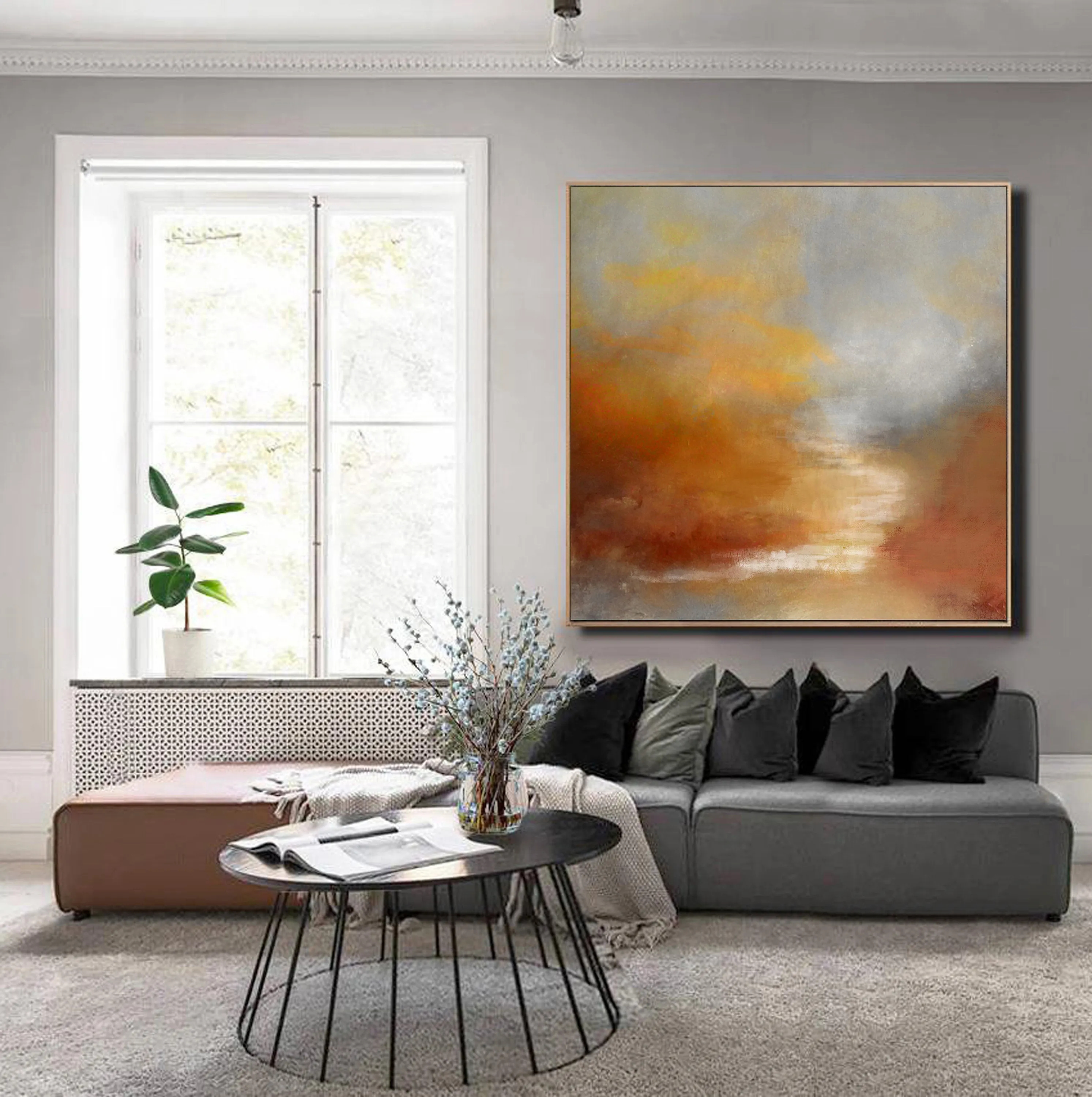 Brown Abstract Painting Sunrise Landscape Ocean Art Office Decor Dp095