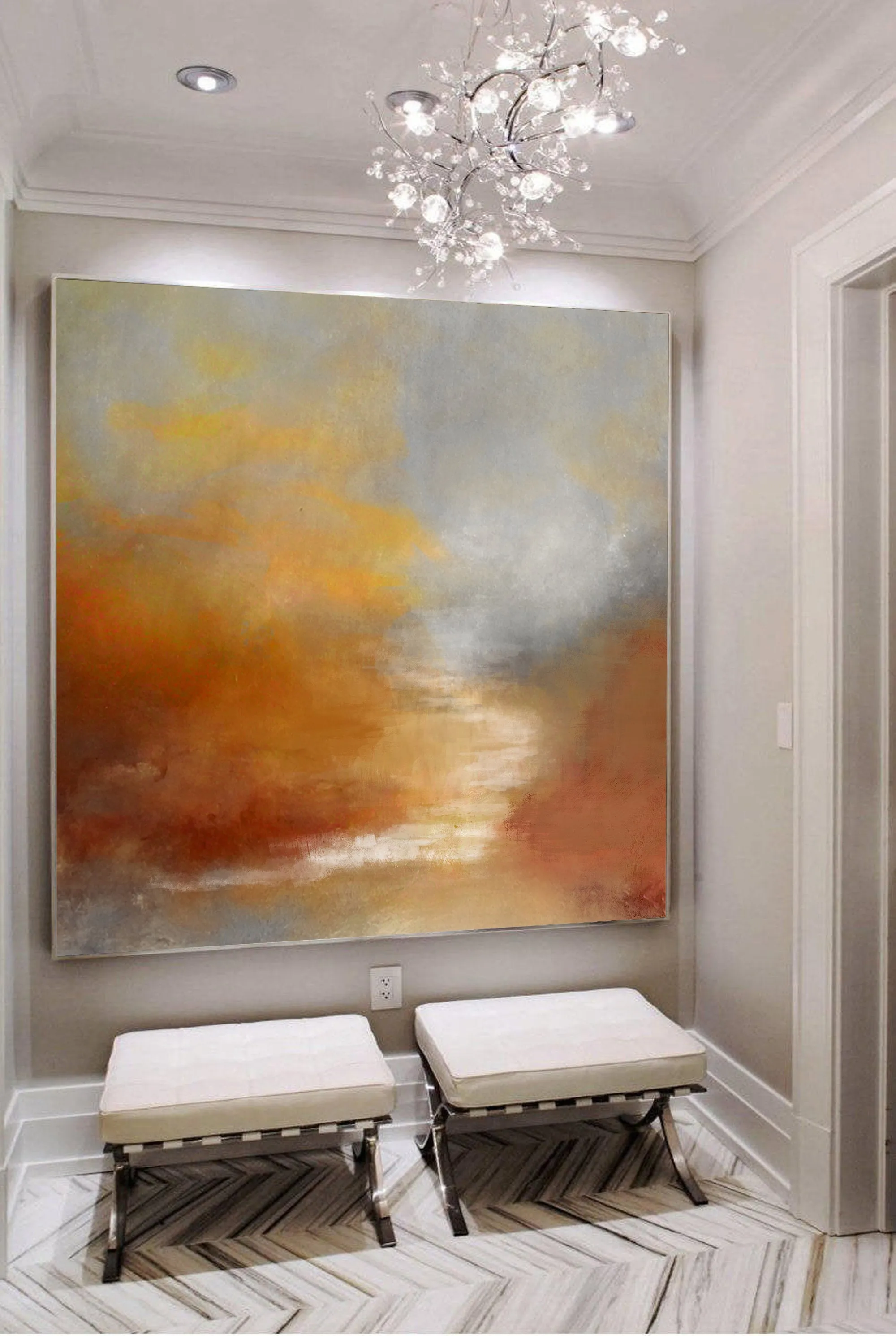 Brown Abstract Painting Sunrise Landscape Ocean Art Office Decor Dp095